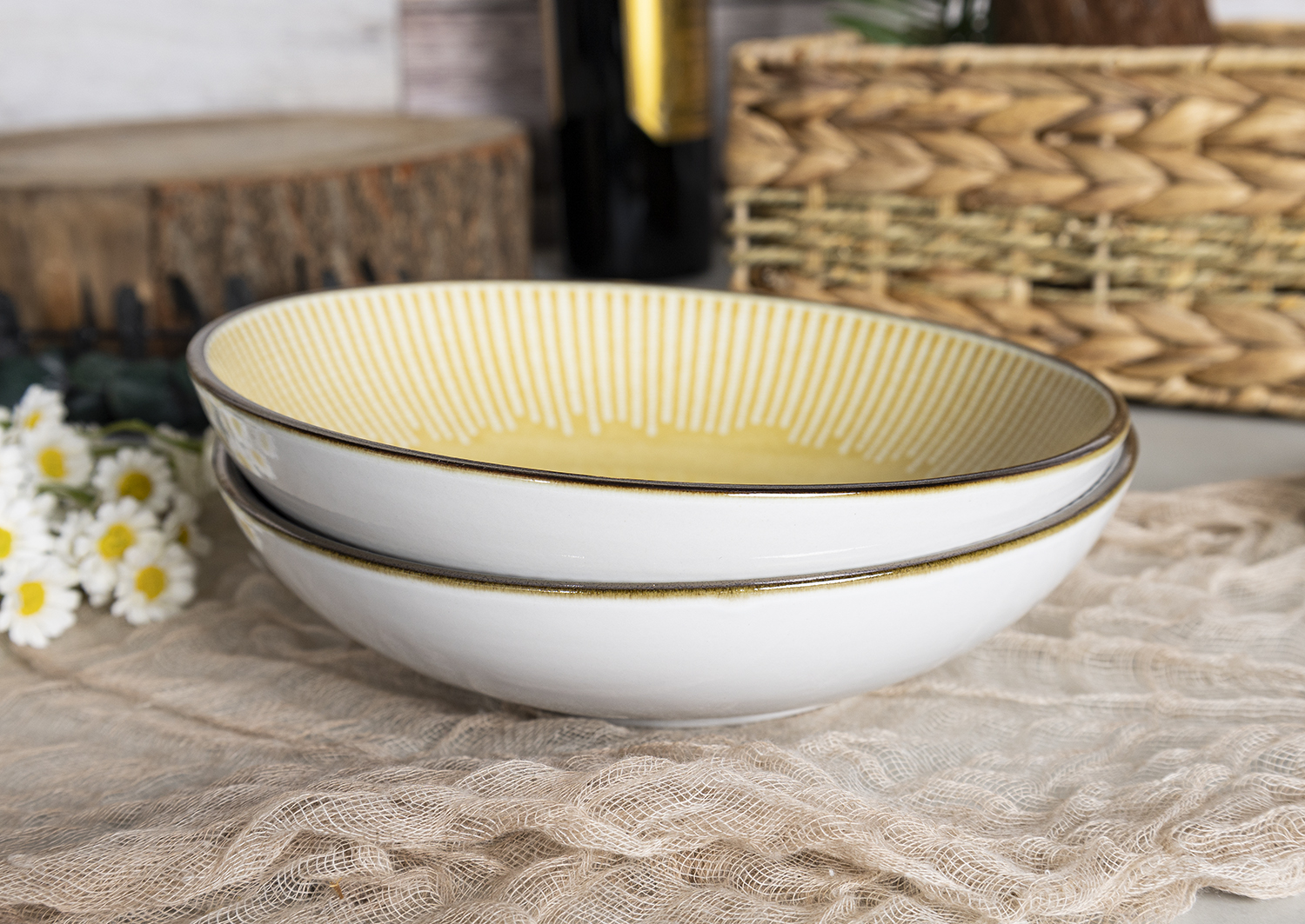 CHANGSHA HAPPY GO  Modern Striped Stoneware Dinnerware Set with Subtle Reactive Glaze and Embossed Print for Everyday Elegant Dining |Dopamine Series Ceramics|happygodinnerware.com