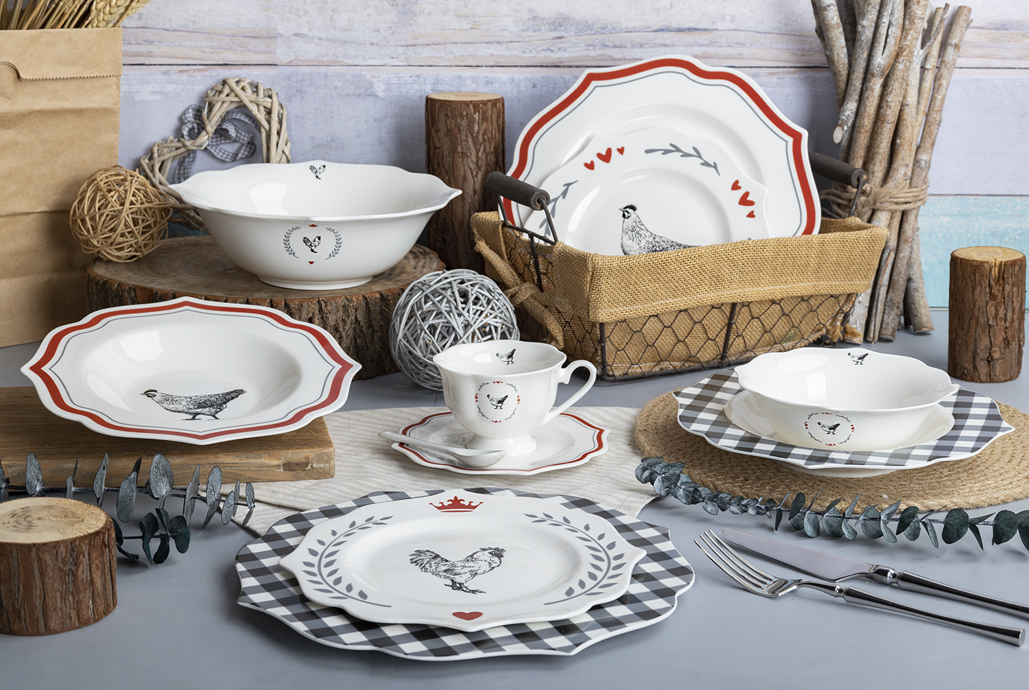 CHANGSHA HAPPY GO  Country Farm Animal Bone China Dinnerware Set with Red and Gingham Design – Plates and Bowls |happygodinnerware.com