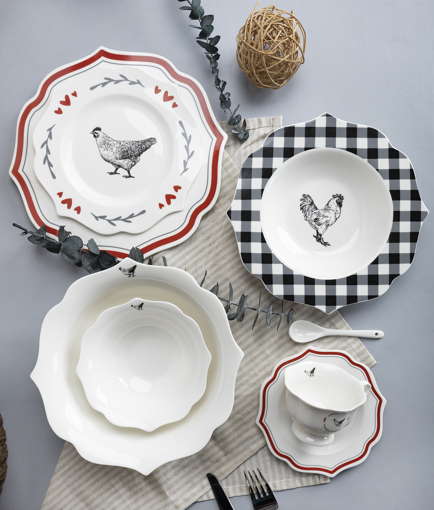 CHANGSHA HAPPY GO  Country Farm Animal Bone China Dinnerware Set with Red and Gingham Design – Plates and Bowls |happygodinnerware.com