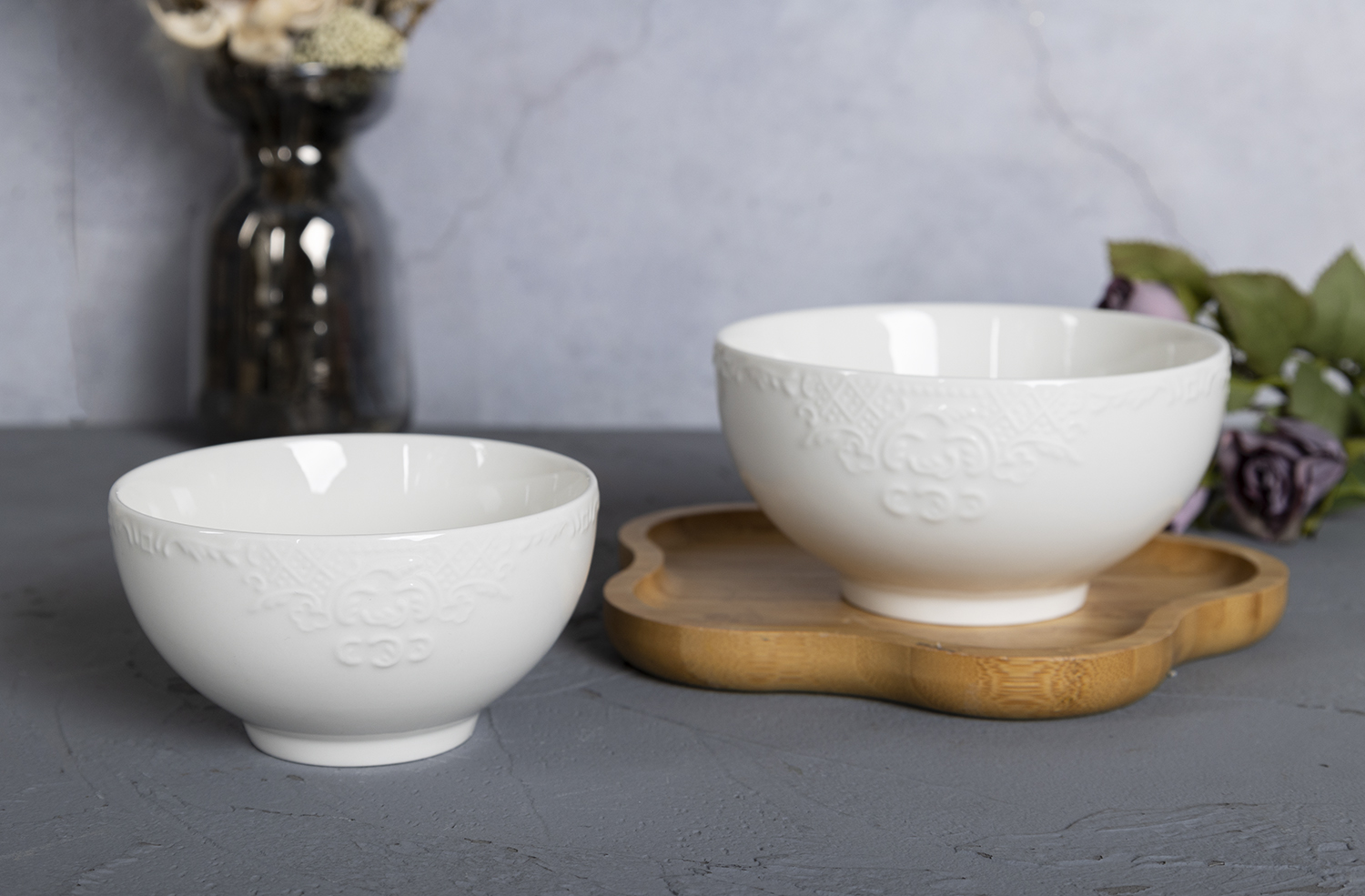 CHANGSHA HAPPY GO  Royal Vintage Embossed White Bone China Dinner Set – Full Tableware Collection for Elegant Dining  |happygodinnerware.com