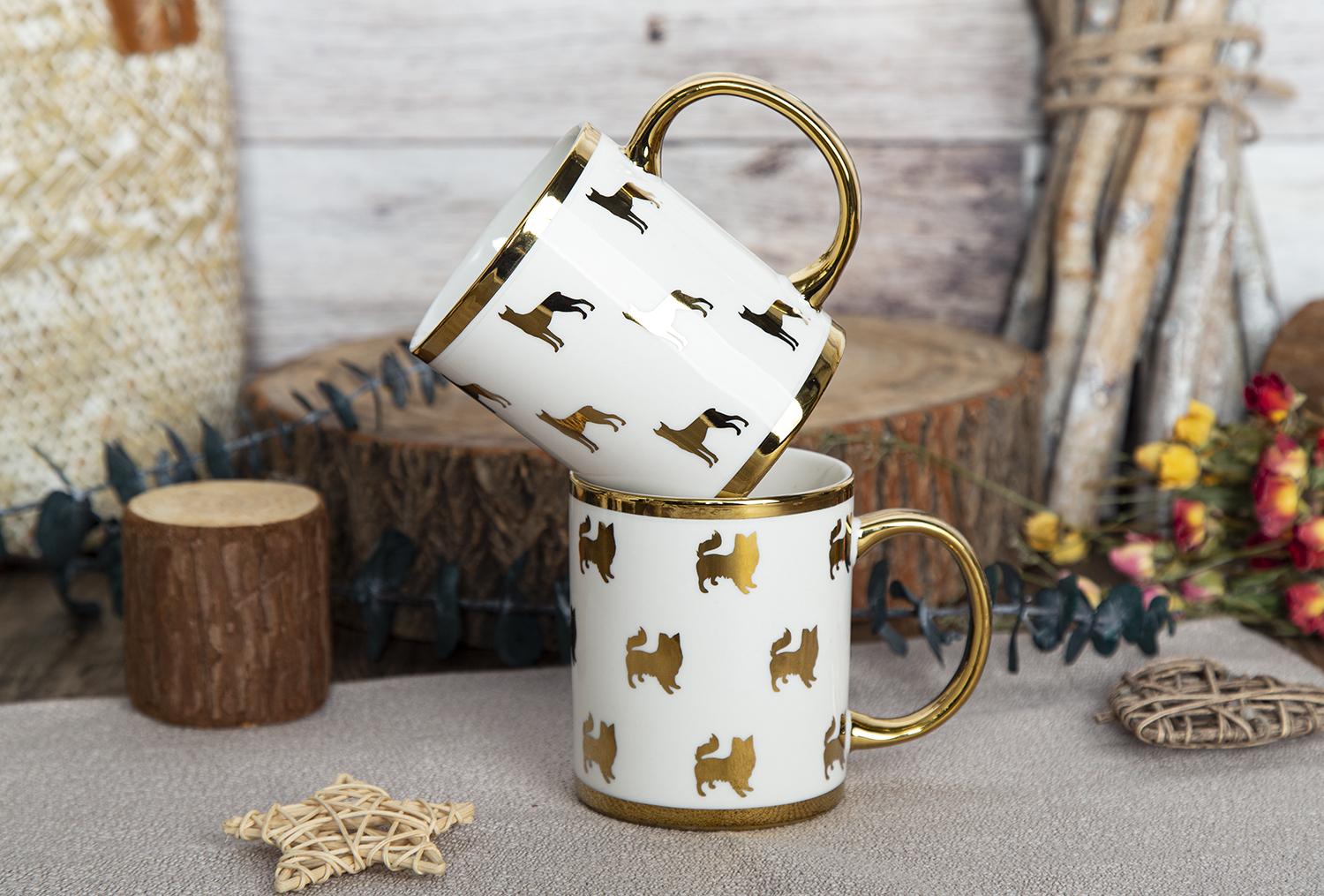 CHANGSHA HAPPY GO Animal-Themed Electroplated Mug in New Bone China with Gold Handle & Metallic Pet Silhouettes |happygodinnerware.com