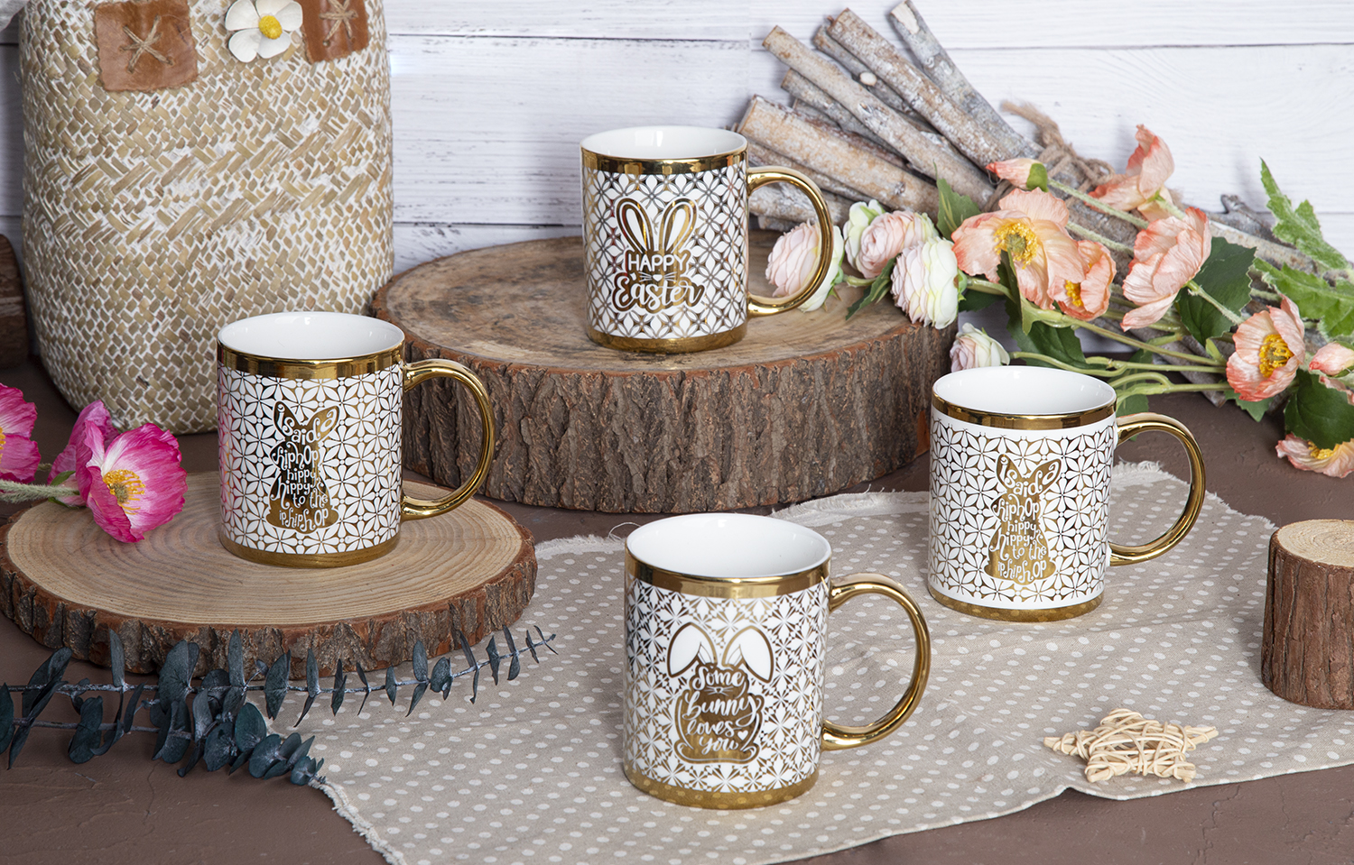 CHANGSHA HAPPY GO Easter Bunny Gold Electroplated Mug in New Bone China with Festive Text and Patterned Background |happygodinnerware.com
