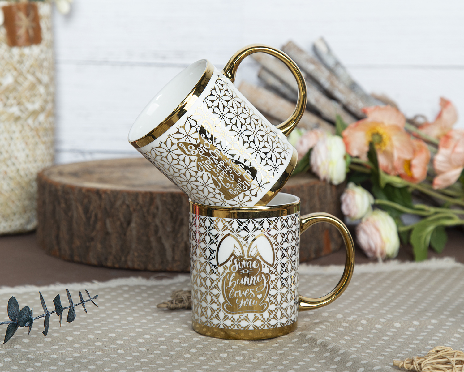 CHANGSHA HAPPY GO Easter Bunny Gold Electroplated Mug in New Bone China with Festive Text and Patterned Background |happygodinnerware.com