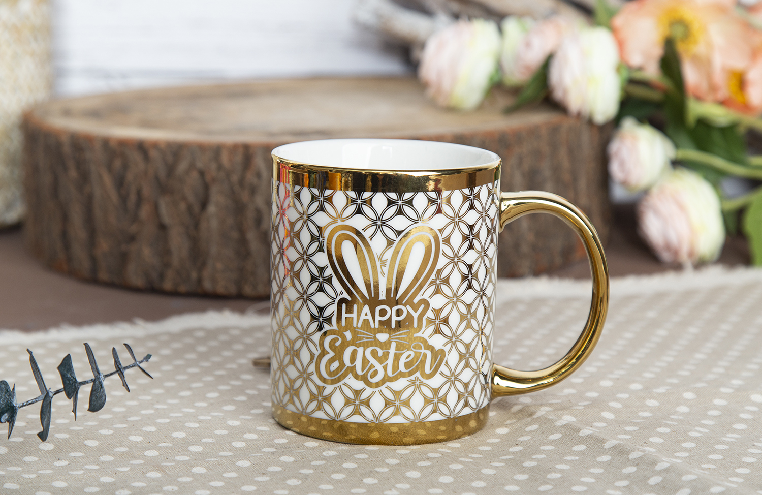 CHANGSHA HAPPY GO Easter Bunny Gold Electroplated Mug in New Bone China with Festive Text and Patterned Background |happygodinnerware.com