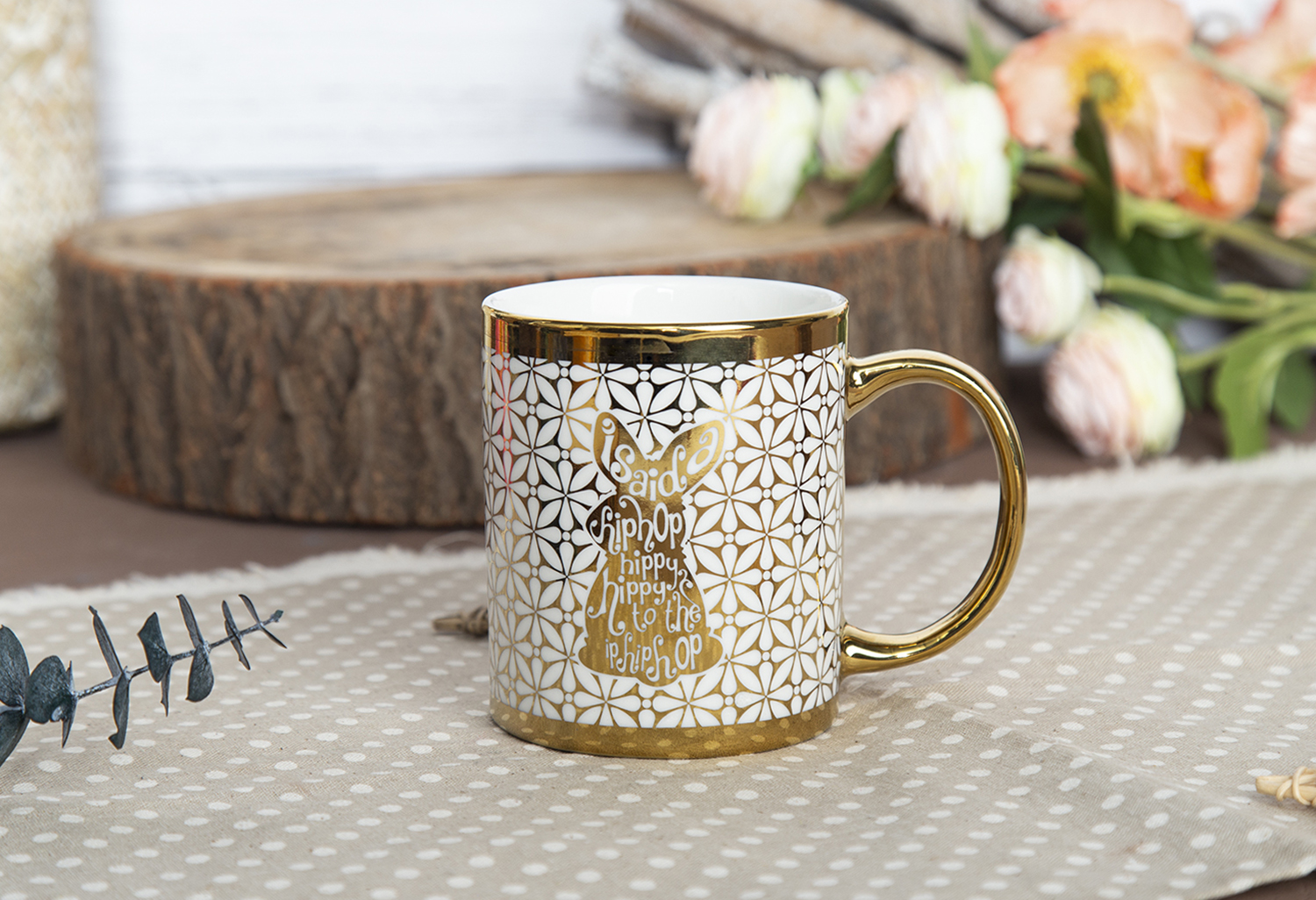 CHANGSHA HAPPY GO Easter Bunny Gold Electroplated Mug in New Bone China with Festive Text and Patterned Background |happygodinnerware.com