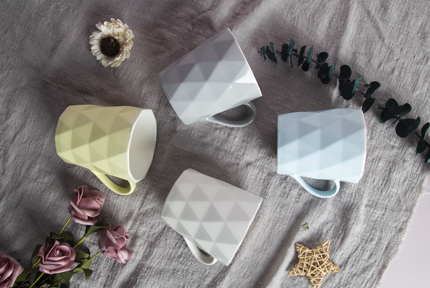 CHANGSHA HAPPY GO Geometric Embossed New Bone China Mug in Soft Pastel Colors |happygodinnerware.com