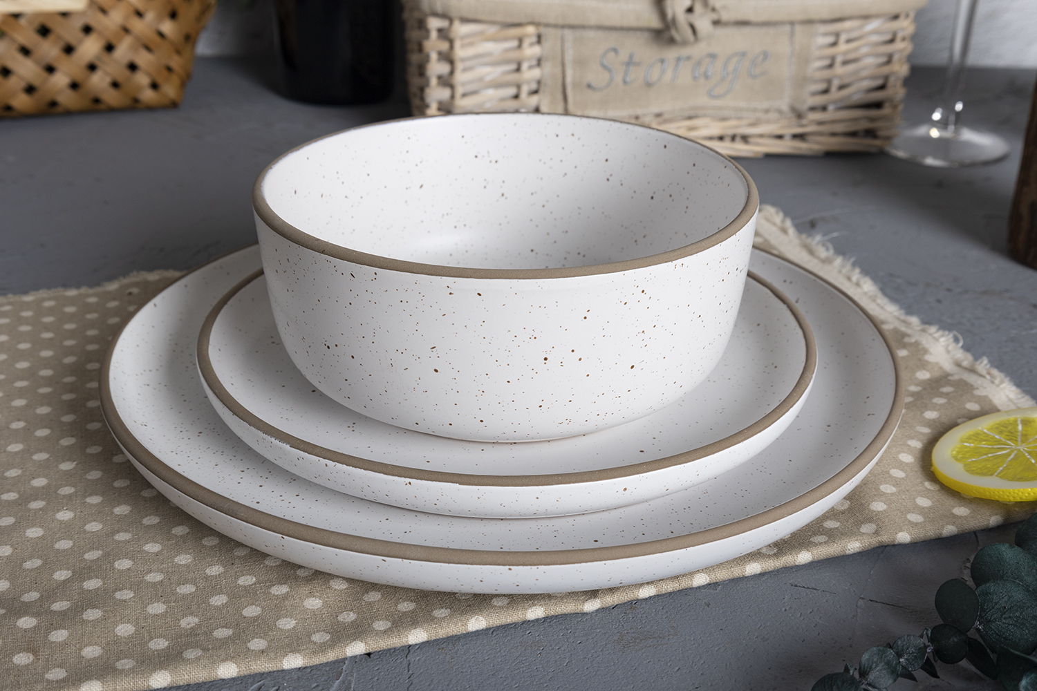 CHANGSHA HAPPY GO  Minimalist Speckled Stoneware Dinnerware Set with Matte Reactive Glaze and Soft White Finish |happygodinnerware.com