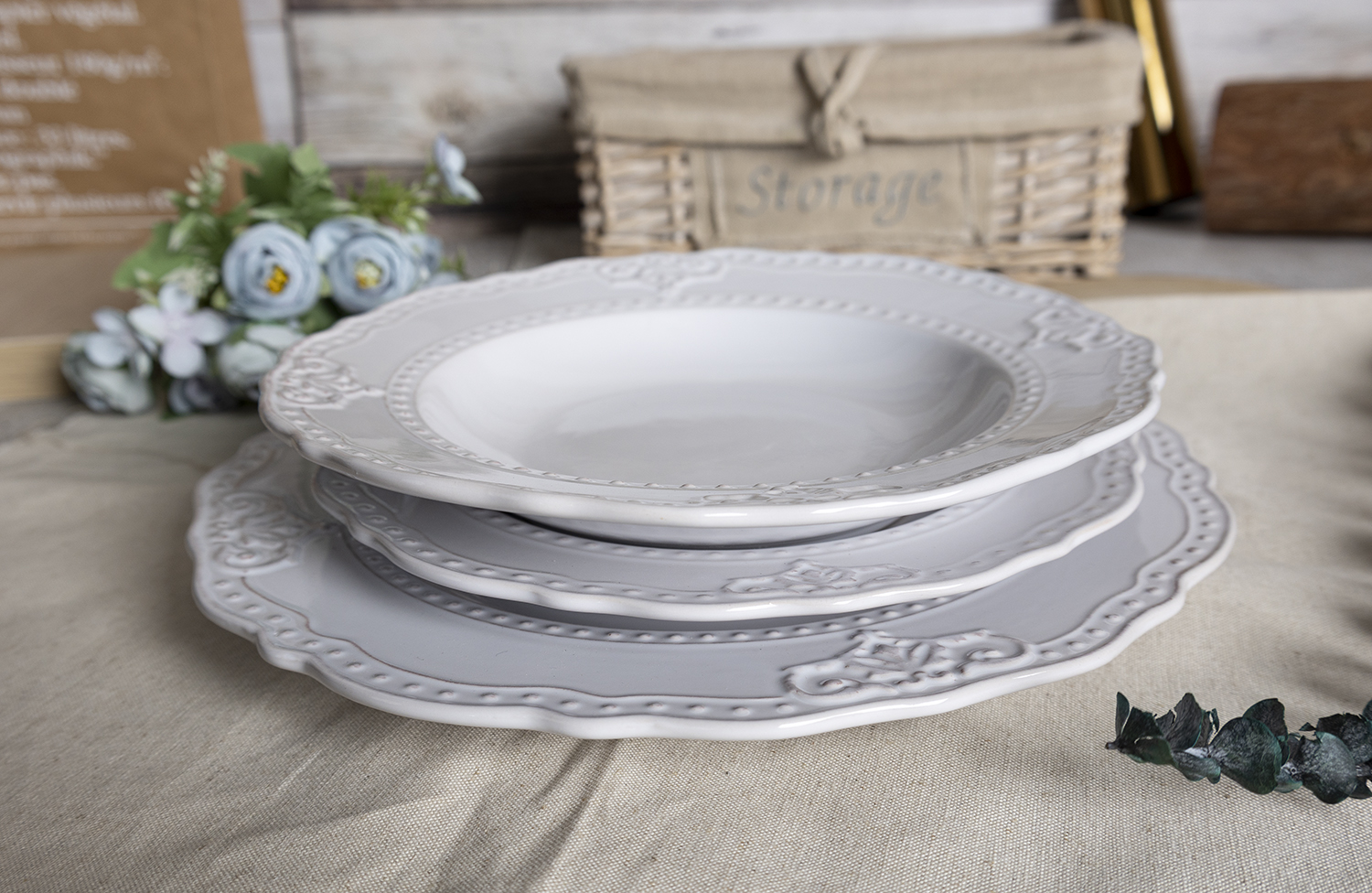 CHANGSHA HAPPY GO Vintage Embossed Stoneware Dinnerware Set with French Baroque Relief Design and Elegant Neutral Glazes  |happygodinnerware.com