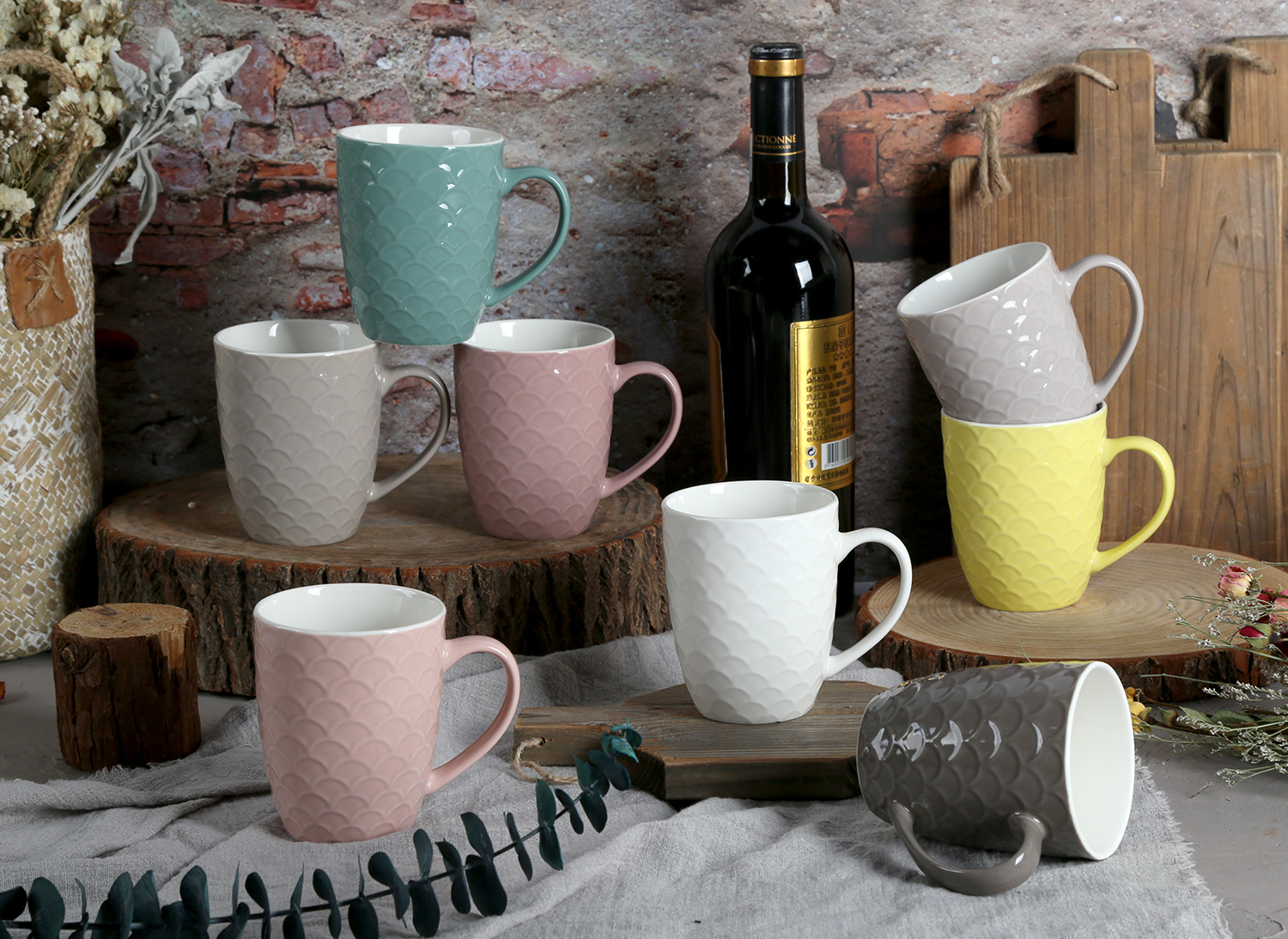 CHANGSHA HAPPY GO Assorted Color Glazed Embossed Bone China Mugs – Elegant Texture Meets Vibrant Mix |happygodinnerware.com