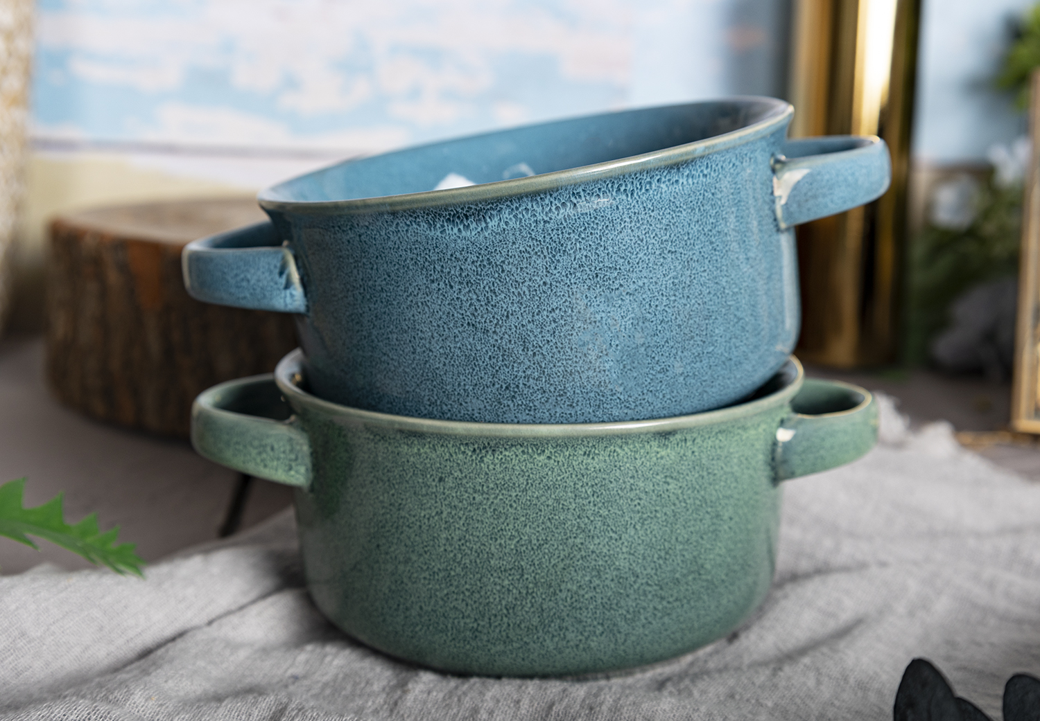 CHANGSHA HAPPY GO  Vintage Reactive Glaze Stoneware Double-Handled Bowl Set for Rustic Kitchen Use  |happygodinnerware.com