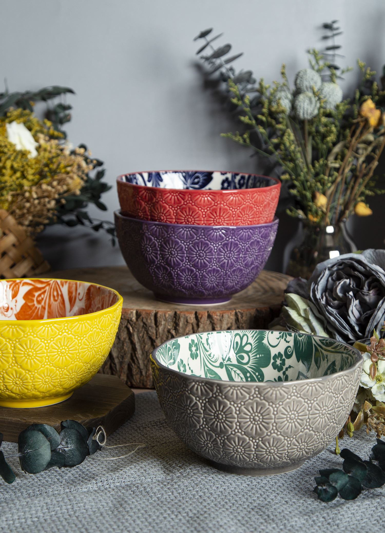 CHANGSHA HAPPY GO Large Sunflower Embossed Stoneware Bowls with Floral Print | happygodinnerware.com