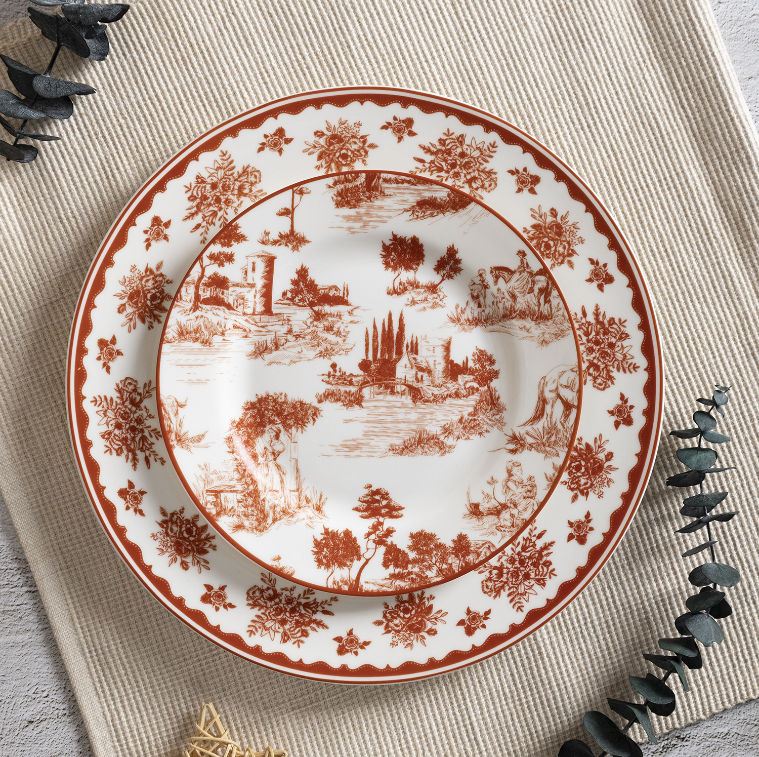 CHANGSHA HAPPY GO Vintage Red Countryside Scene Decal Bone China Tableware Set – Classic Western Style Dinner Set  |happygodinnerware.com