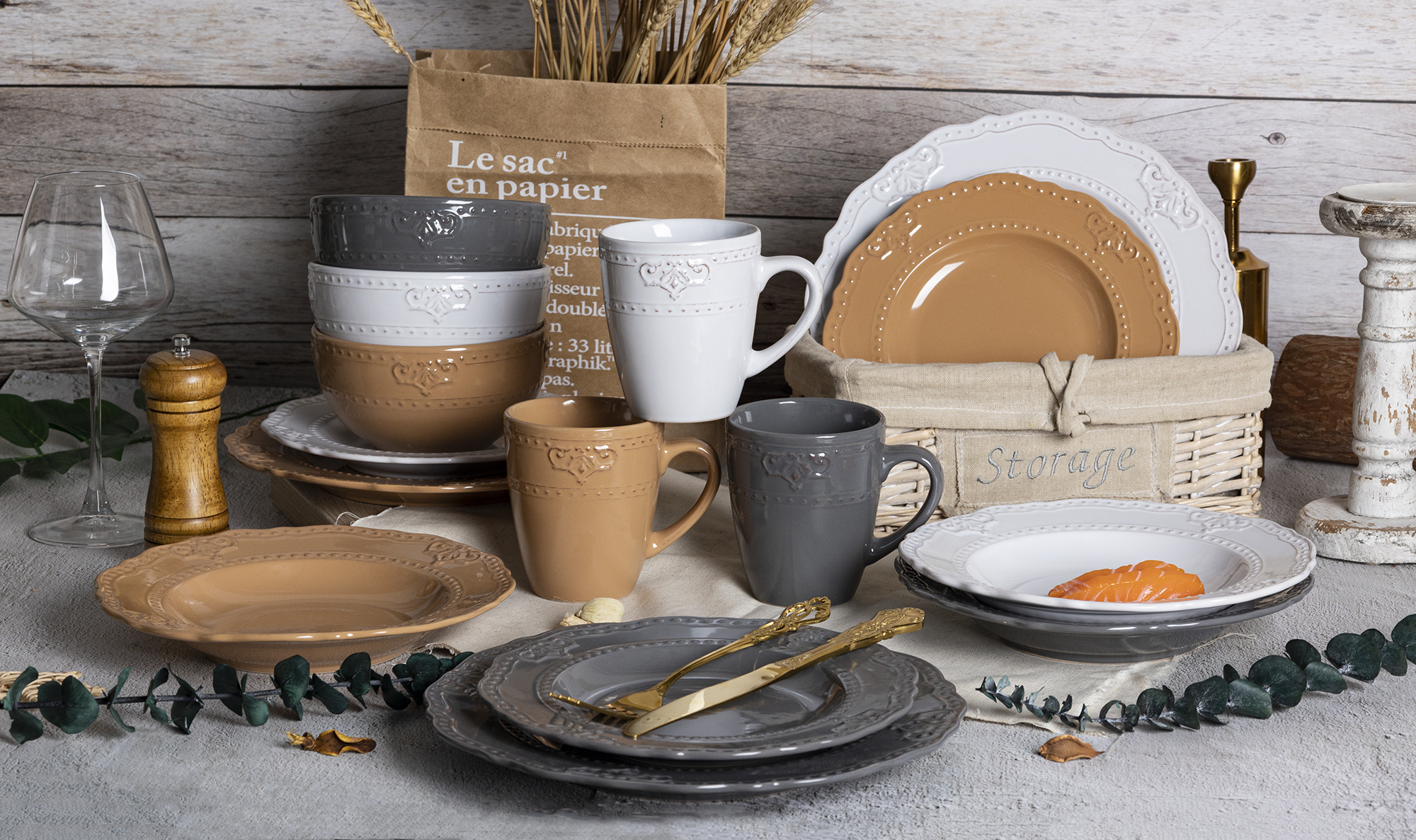 CHANGSHA HAPPY GO Vintage Embossed Stoneware Dinnerware Set with French Baroque Relief Design and Elegant Neutral Glazes  |happygodinnerware.com