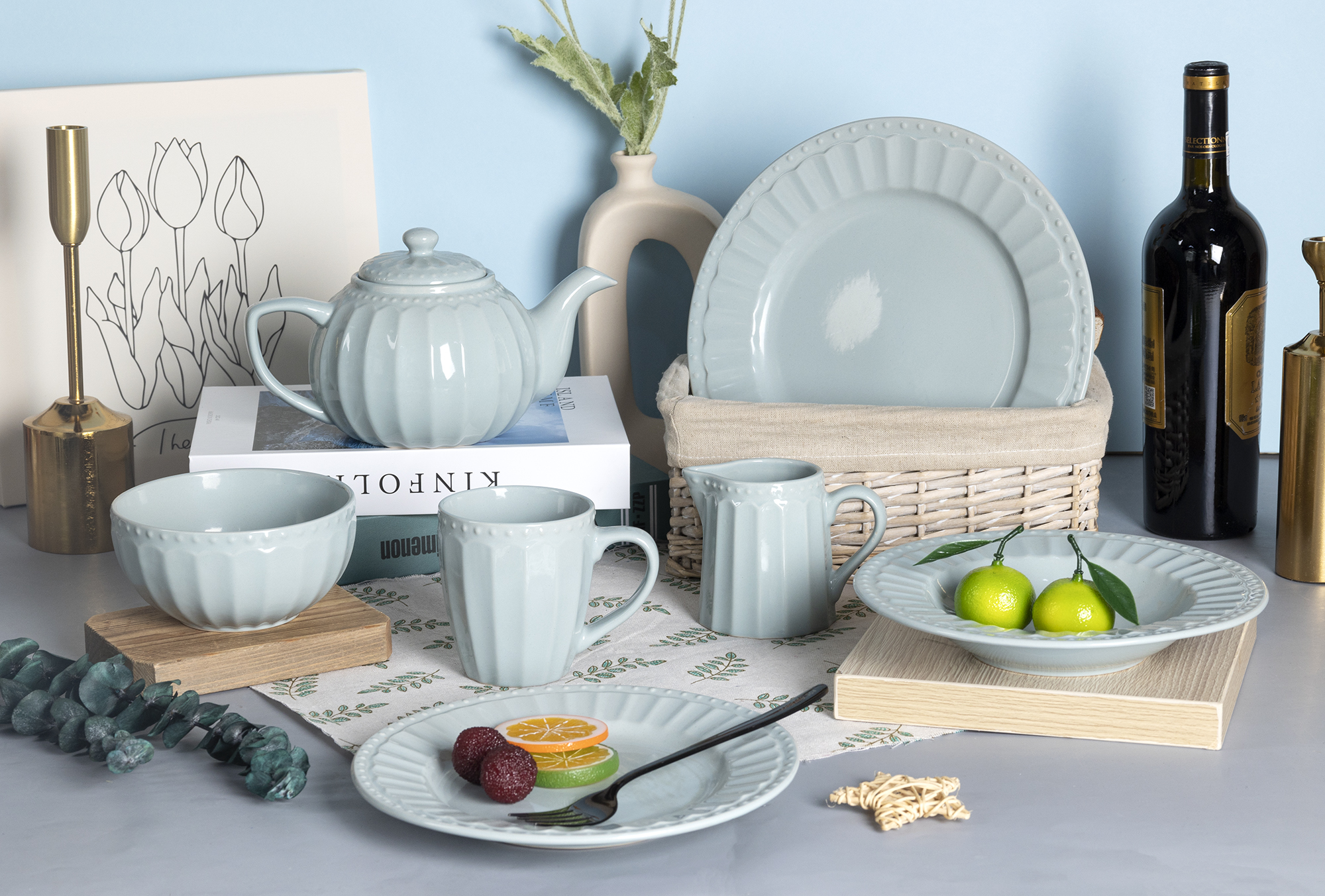 CHANGSHA HAPPY GO  Blue Embossed Stoneware British Afternoon Tea and Dinnerware Set with Fresh Color Palette  |happygodinnerware.com