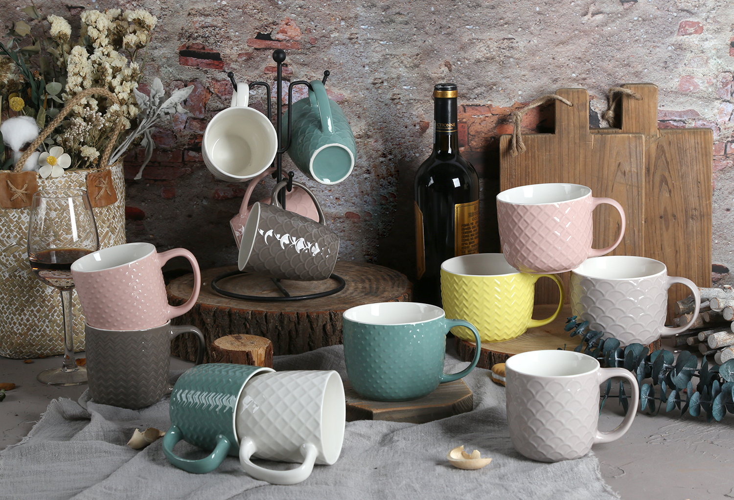 CHANGSHA HAPPY GO Assorted Color Glazed Embossed Bone China Mugs – Elegant Texture Meets Vibrant Mix |happygodinnerware.com