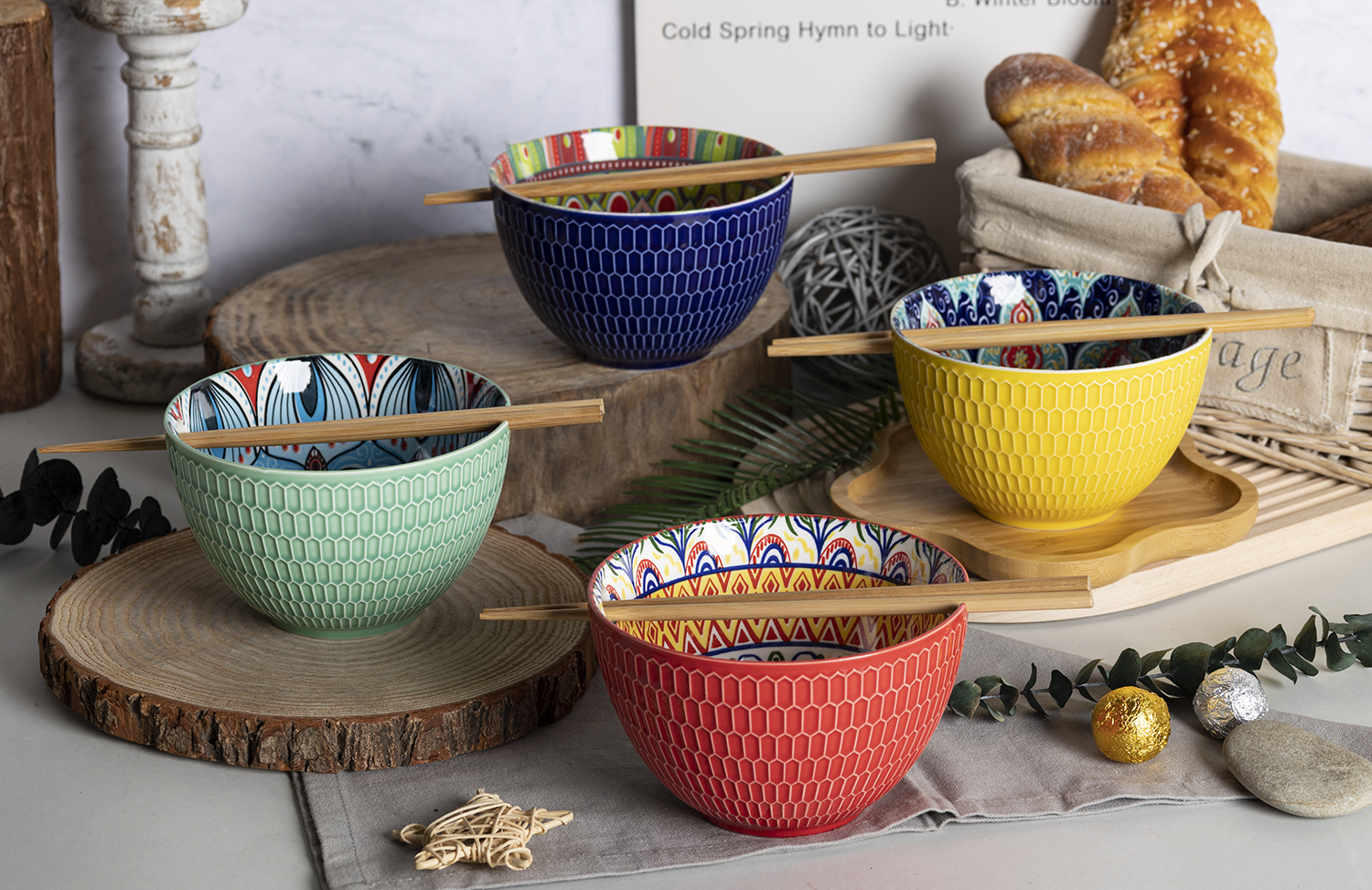 CHANGSHA HAPPY GO Stoneware Embossed and Colorful Decal Ramen Bowl Set with Chopsticks – Honeycomb Texture |happygodinnerware.com