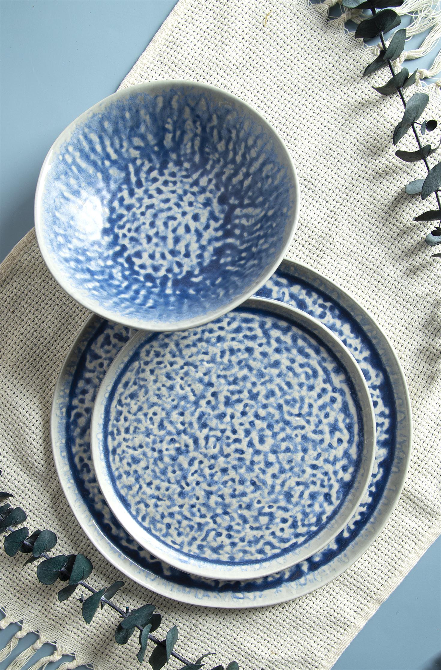 CHANGSHA HAPPY GO Cobalt Speckle Reactive Glaze Stoneware Ensemble | happygodinnerware.com