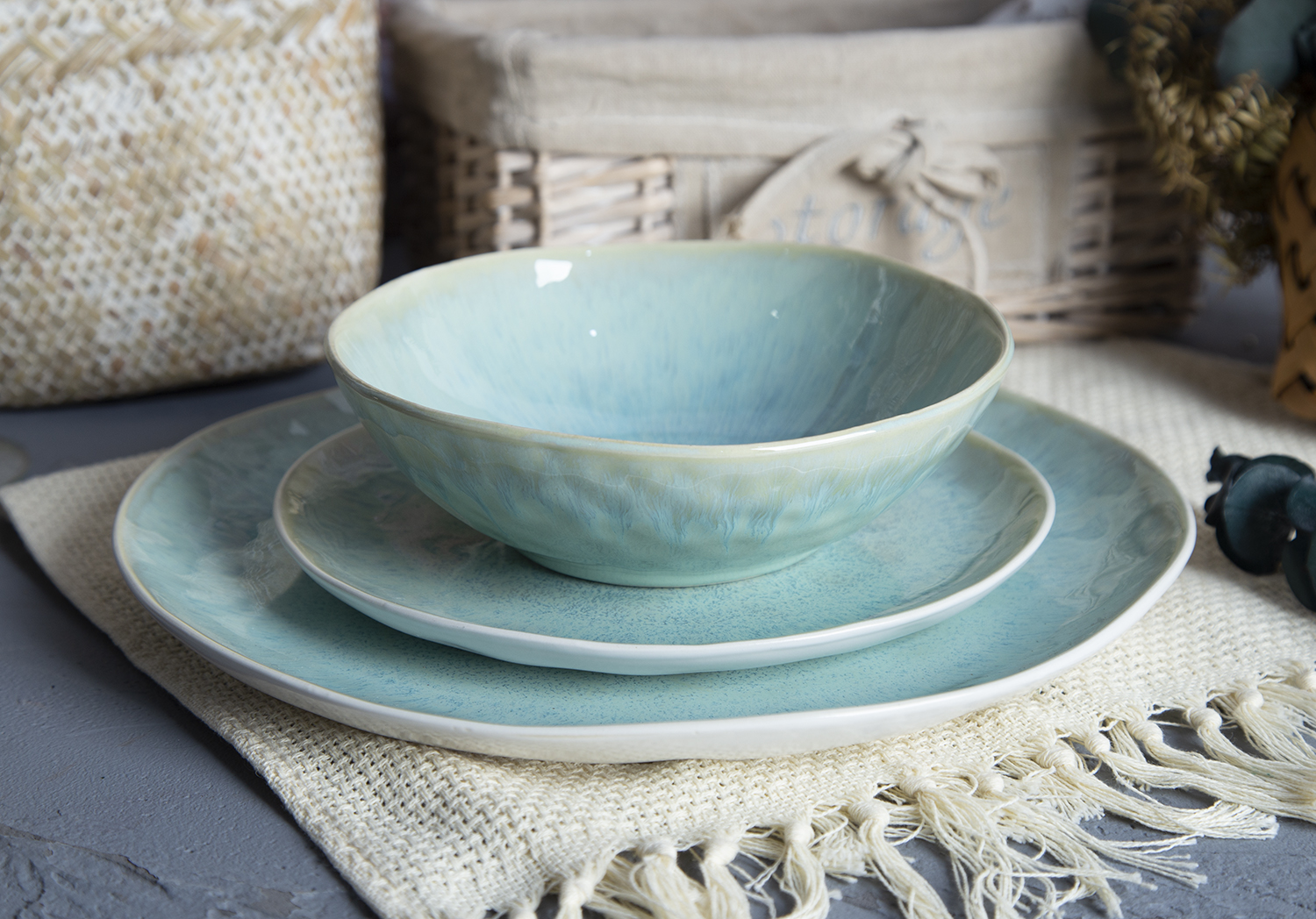 CHANGSHA HAPPY GO Asymmetrical Mint Green Reactive Glaze Stoneware Serveware Collection | happygodinnerware.com