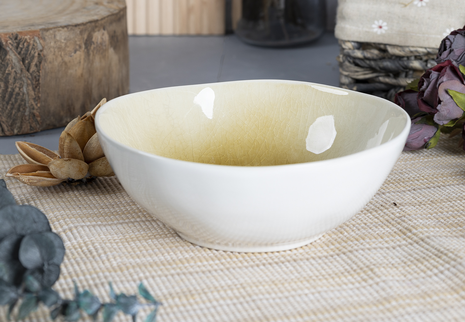​CHANGSHA HAPPY GO  Dual-Tone Stoneware Tableware Set with Gradient Yellow and Gray Reactive Glaze for Elegant Dining Occasions  |happygodinnerware.com