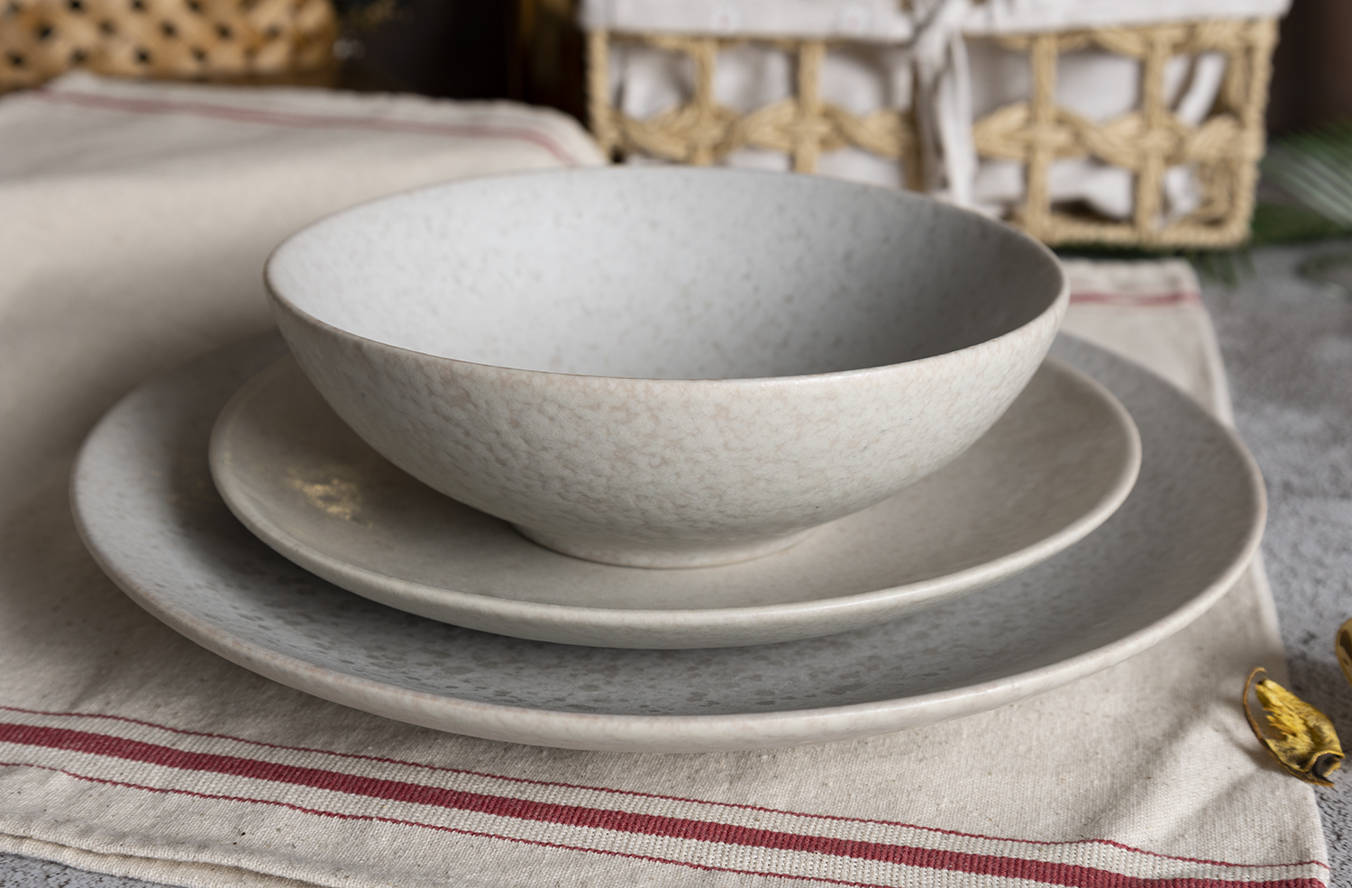​CHANGSHA HAPPY GO  Modern Ivory Reactive Glazed Stoneware Dinnerware Set with Speckled Texture Finish |happygodinnerware.com