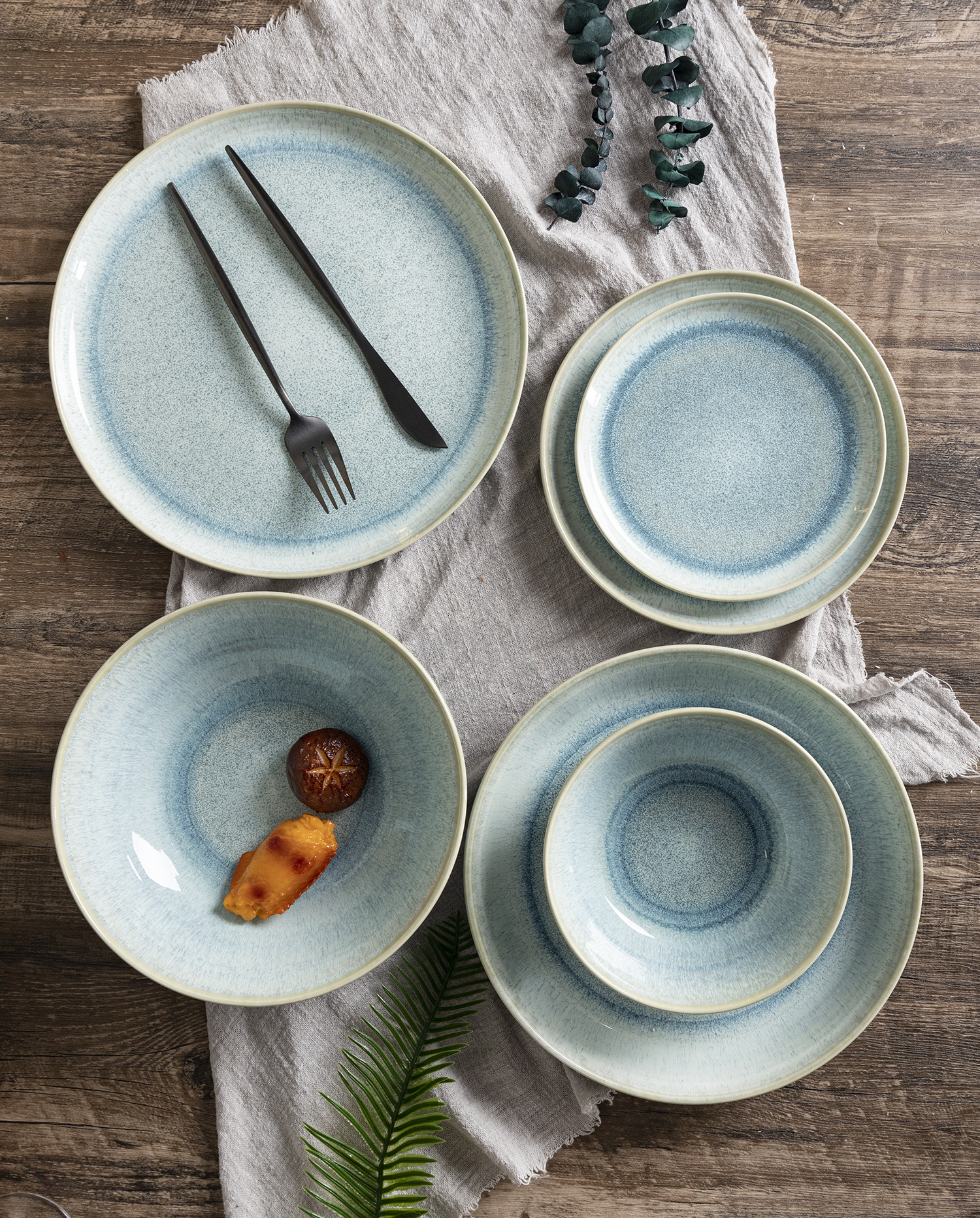 ​CHANGSHA HAPPY GO  Vintage Reactive Glaze Multi-Color Stoneware Dinner Set with Faded Ombre Effect |happygodinnerware.com