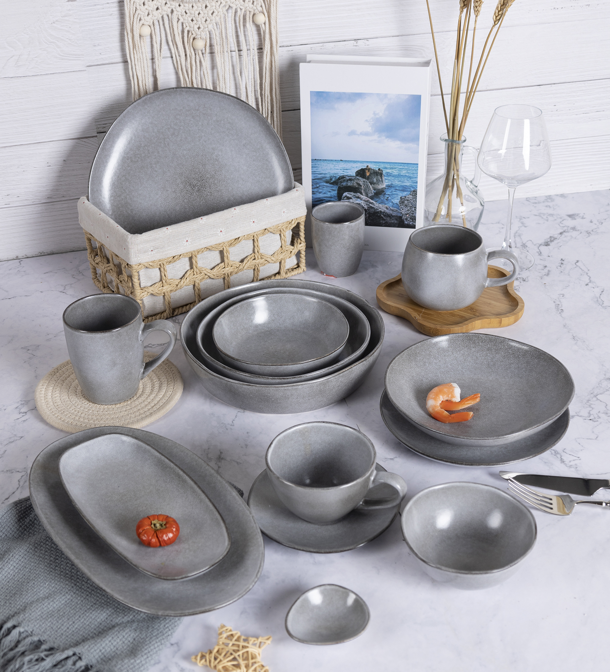 ​CHANGSHA HAPPY GO  Rustic Elegance Matte Grey Stoneware Dinnerware Set with Reactive Glaze Finish |happygodinnerware.com