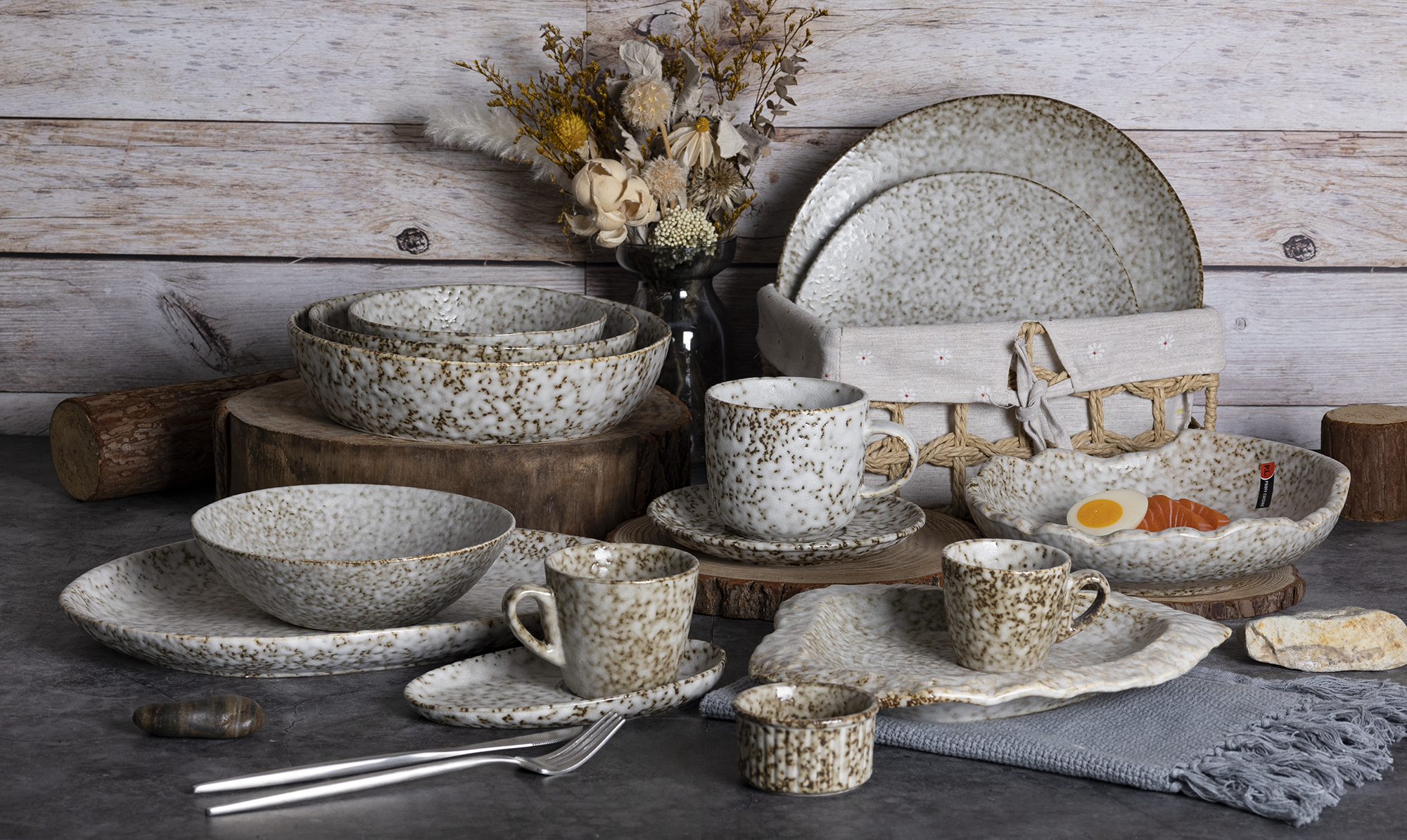 CHANGSHA HAPPY GO Speckled Reactive Glaze Stoneware Dinnerware Set | Rustic White & Brown Artisan Texture | Irregular Edge Plates & Cups in Wabi-Sabi Style|happygodinnerware.com