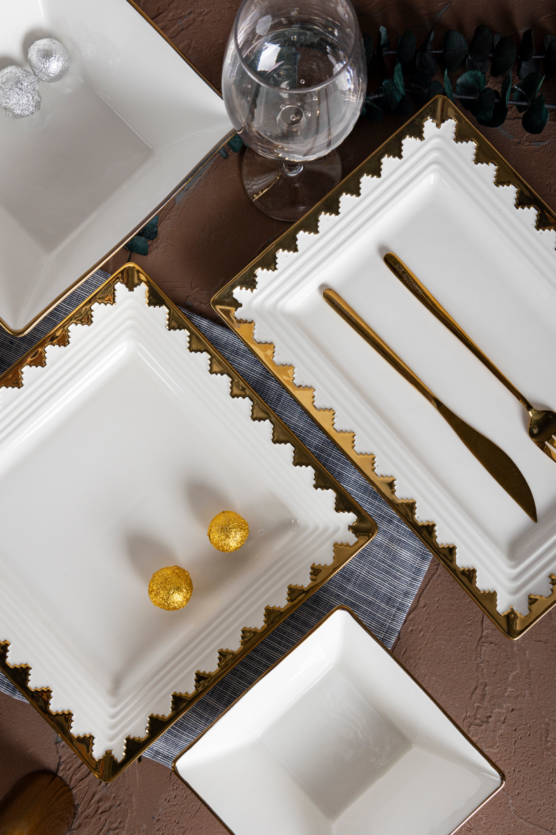 CHANGSHA HAPPY GO Geometric Square Bone China Dinner Plate Set with Electroplated Gold Zigzag Rim for Luxe Table Setting |happygodinnerware.com