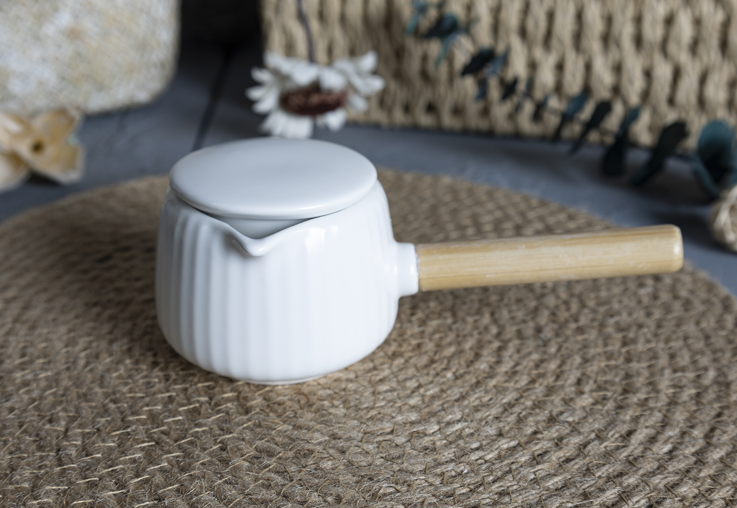 CHANGSHA HAPPY GO  Elegant Embossed New Bone China Tea Set with Wooden Handle in Minimalist White Finish |happygodinnerware.com
