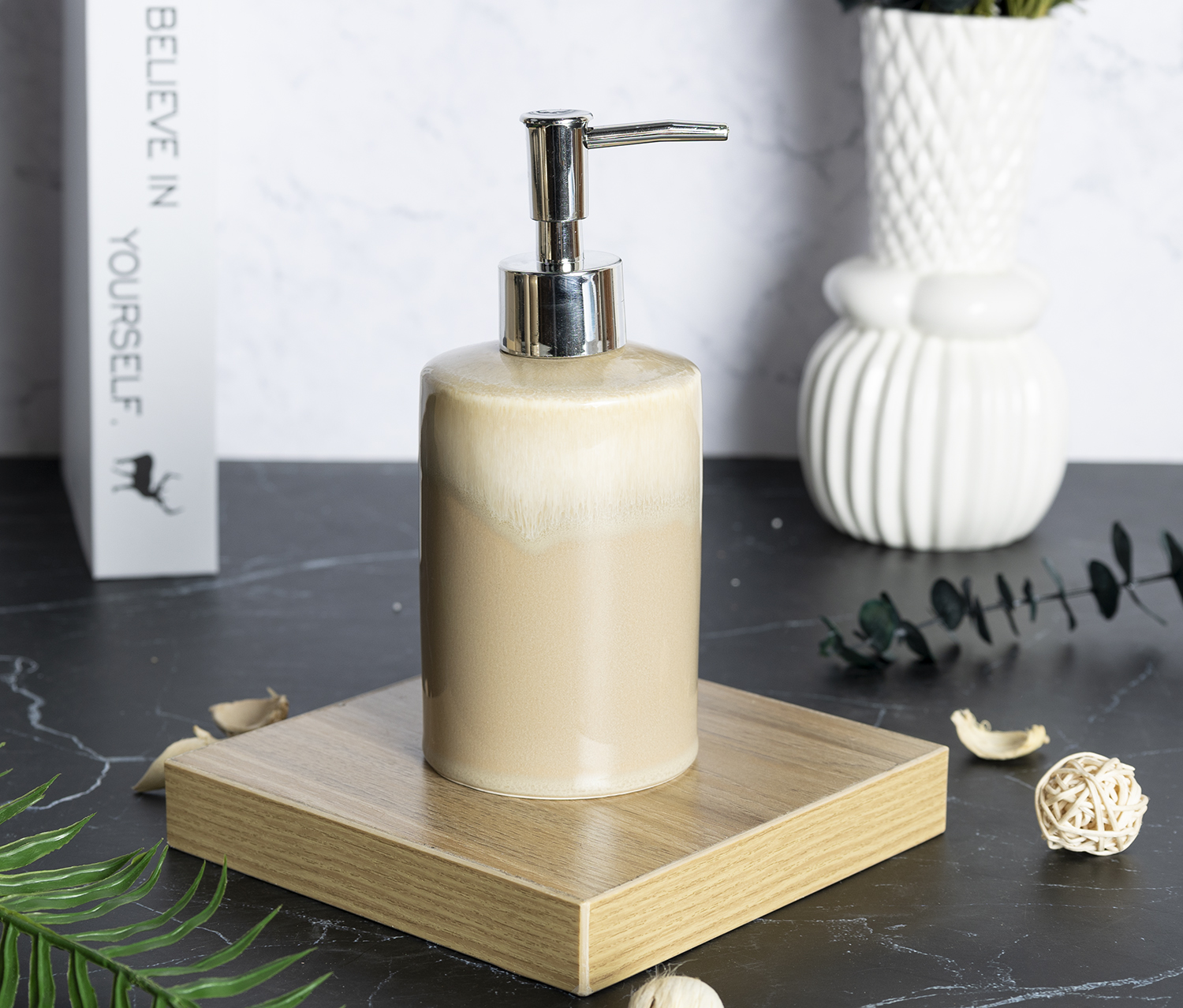 CHANGSHA HAPPY GO Light Beige Reactive Glaze Stoneware Bathroom Set – 7-Piece Rustic Ceramic Accessory Kit with Soap Dispenser and Canister |happygodinnerware.com