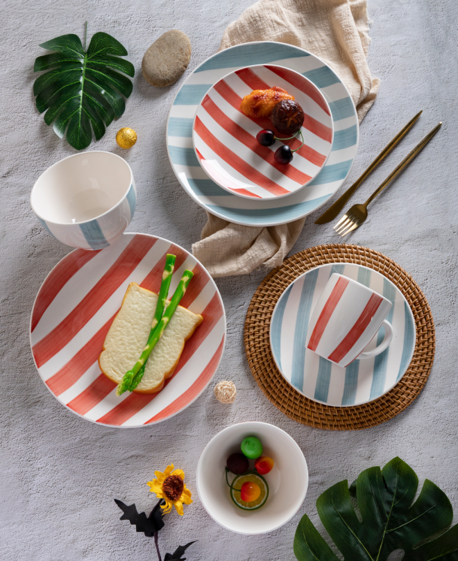 CHANGSHA HAPPY GO Fine Earthware Dinnerware Set with Red and Blue Diagonal Stripe Hand-Painted Designs  |happygodinnerware.com