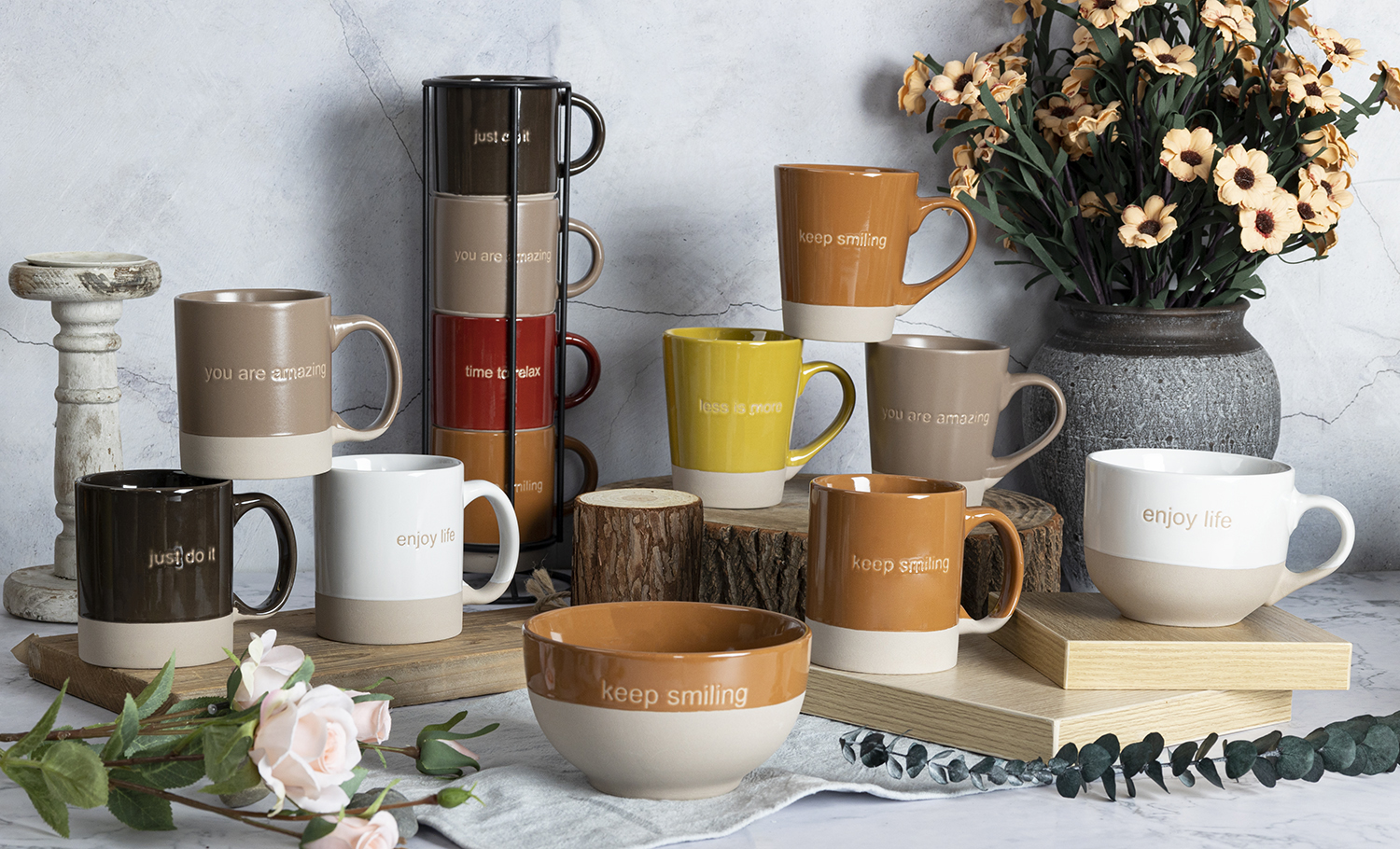 ​CHANGSHA HAPPY GO  Modern Colorful Stoneware Cup and Bowl Set with Positive Quotes and Smooth Dual-Tone Glazing |Dopamine Series Ceramics  |happygodinnerware.com