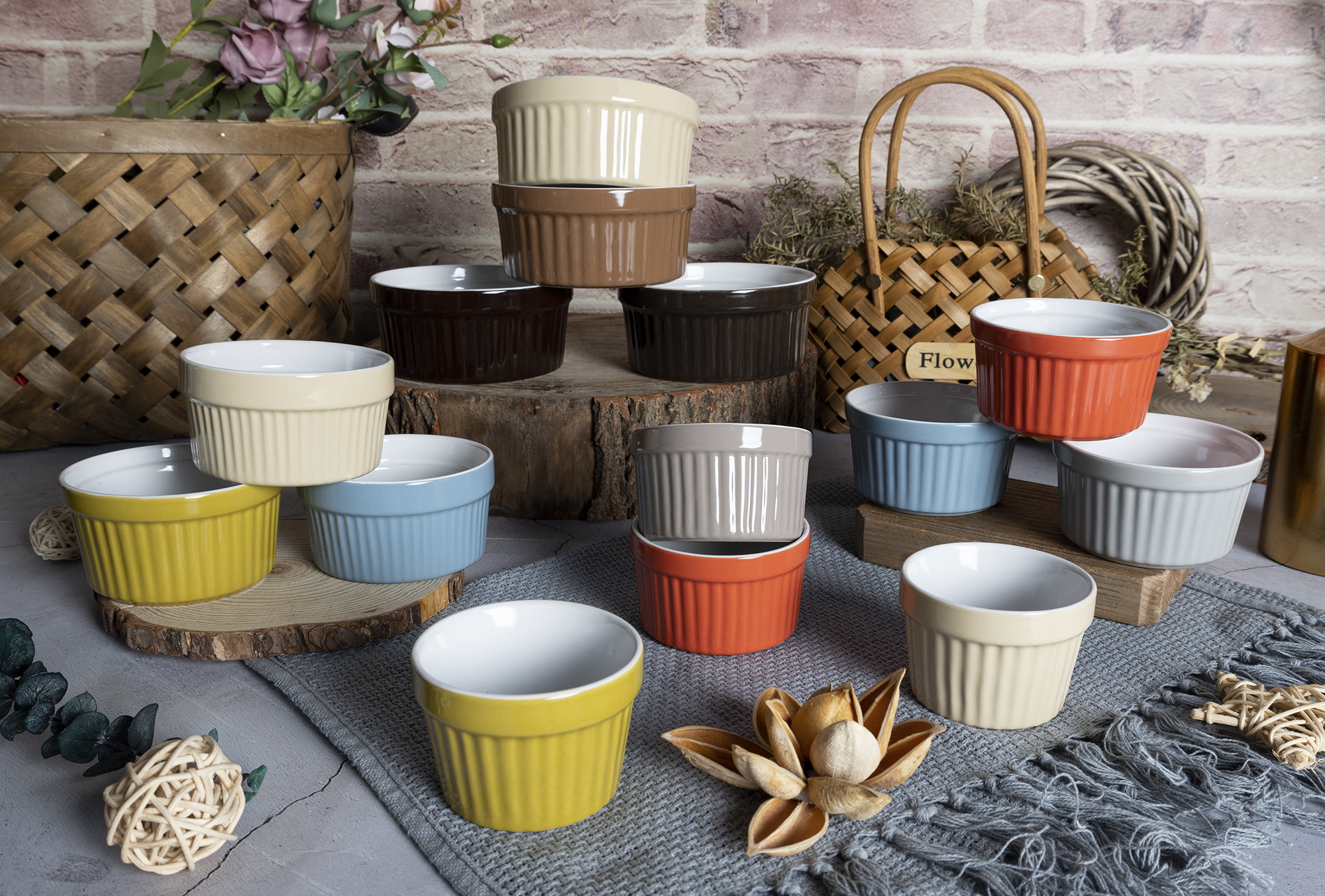 ​CHANGSHA HAPPY GO  Colorful Embossed Stoneware Ramekin Bowl Set – 86E-014, Multi-Tone Glazed Dessert Cups for Baking and Serving |Dopamine Series Ceramics  |happygodinnerware.com