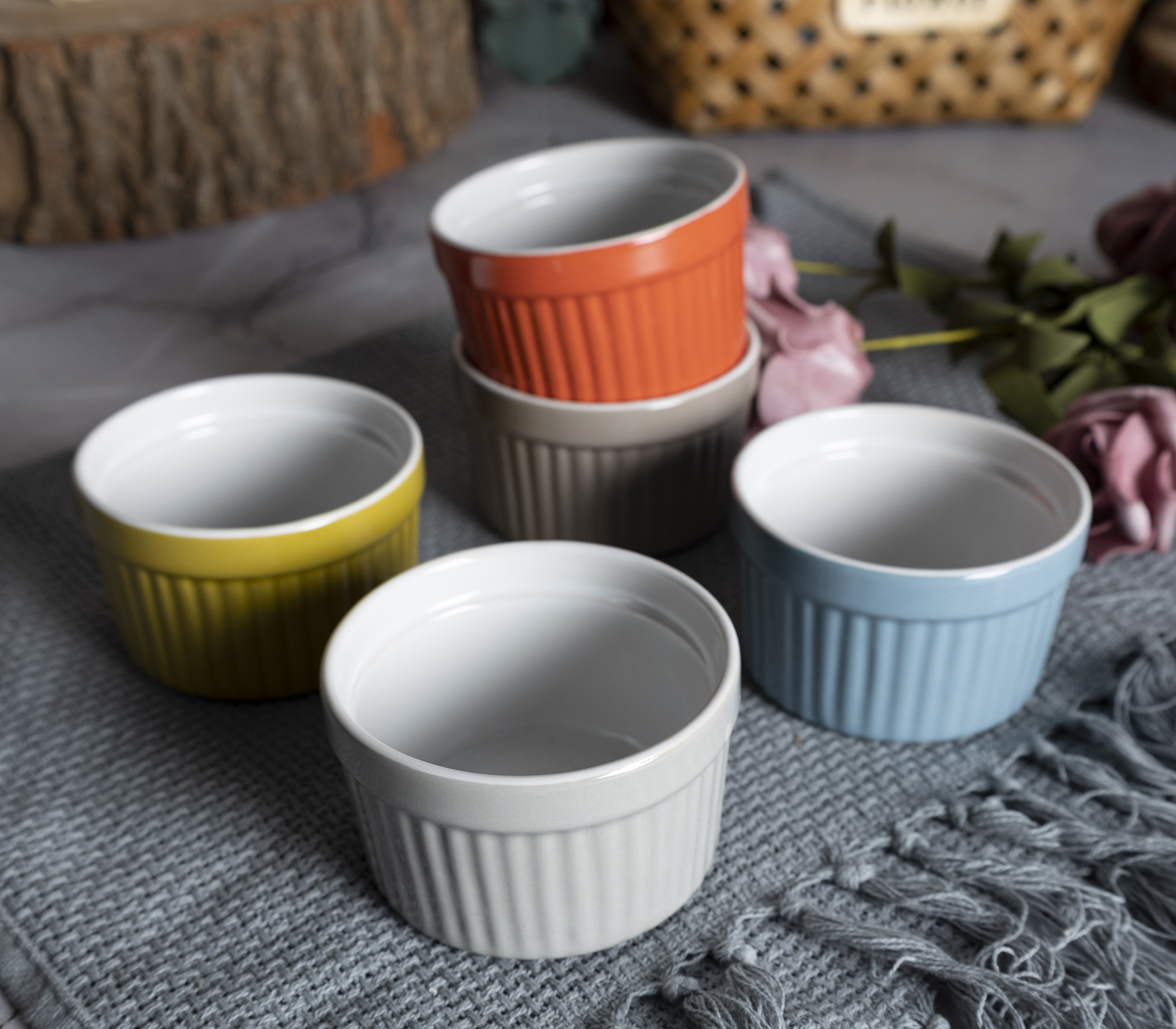 ​CHANGSHA HAPPY GO  Colorful Embossed Stoneware Ramekin Bowl Set – 86E-014, Multi-Tone Glazed Dessert Cups for Baking and Serving |Dopamine Series Ceramics  |happygodinnerware.com