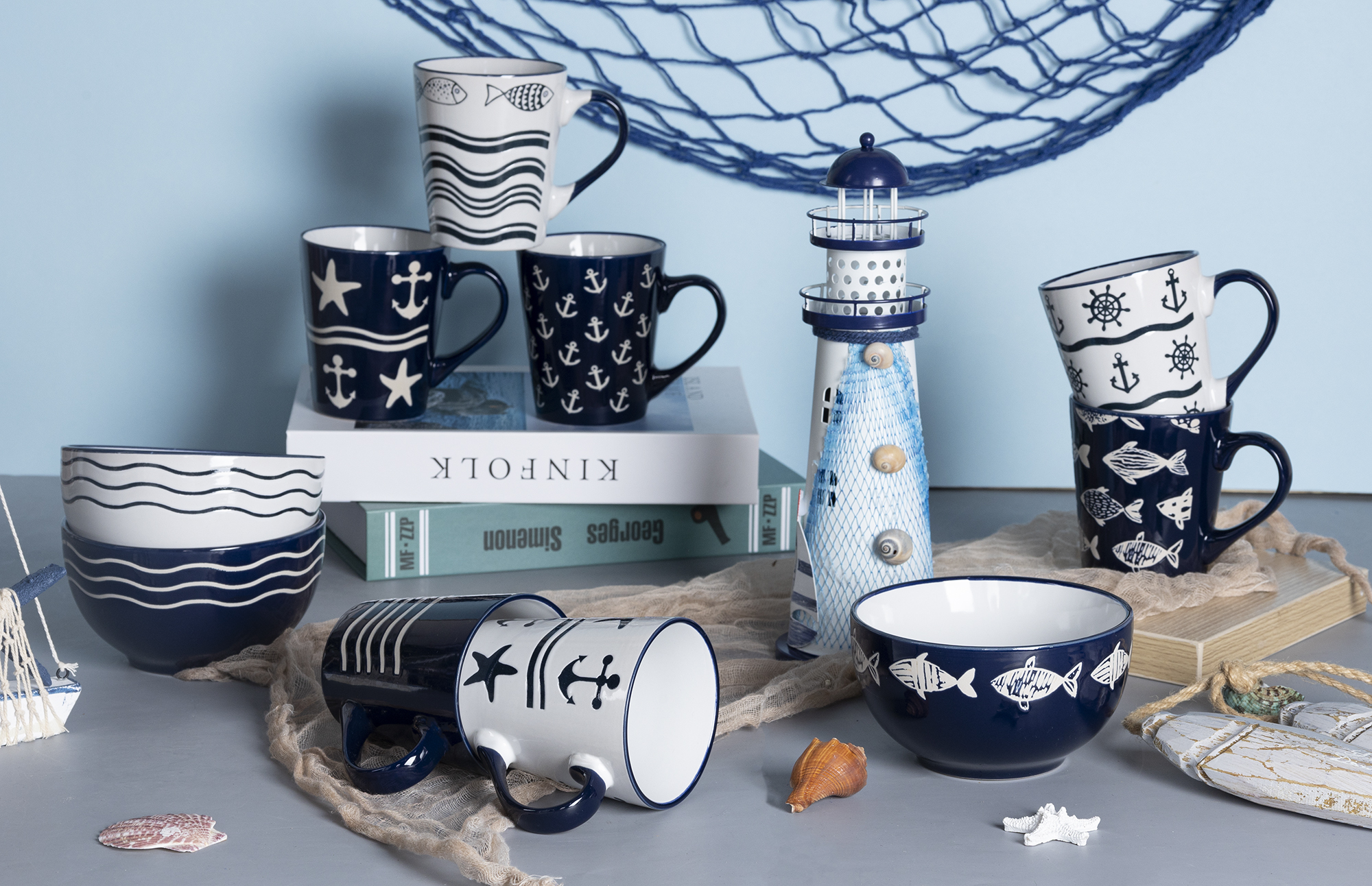 ​CHANGSHA HAPPY GO  Nautical Anchor Pattern Stoneware Mugs and Bowls Set  |Dopamine Series Ceramics  |happygodinnerware.com