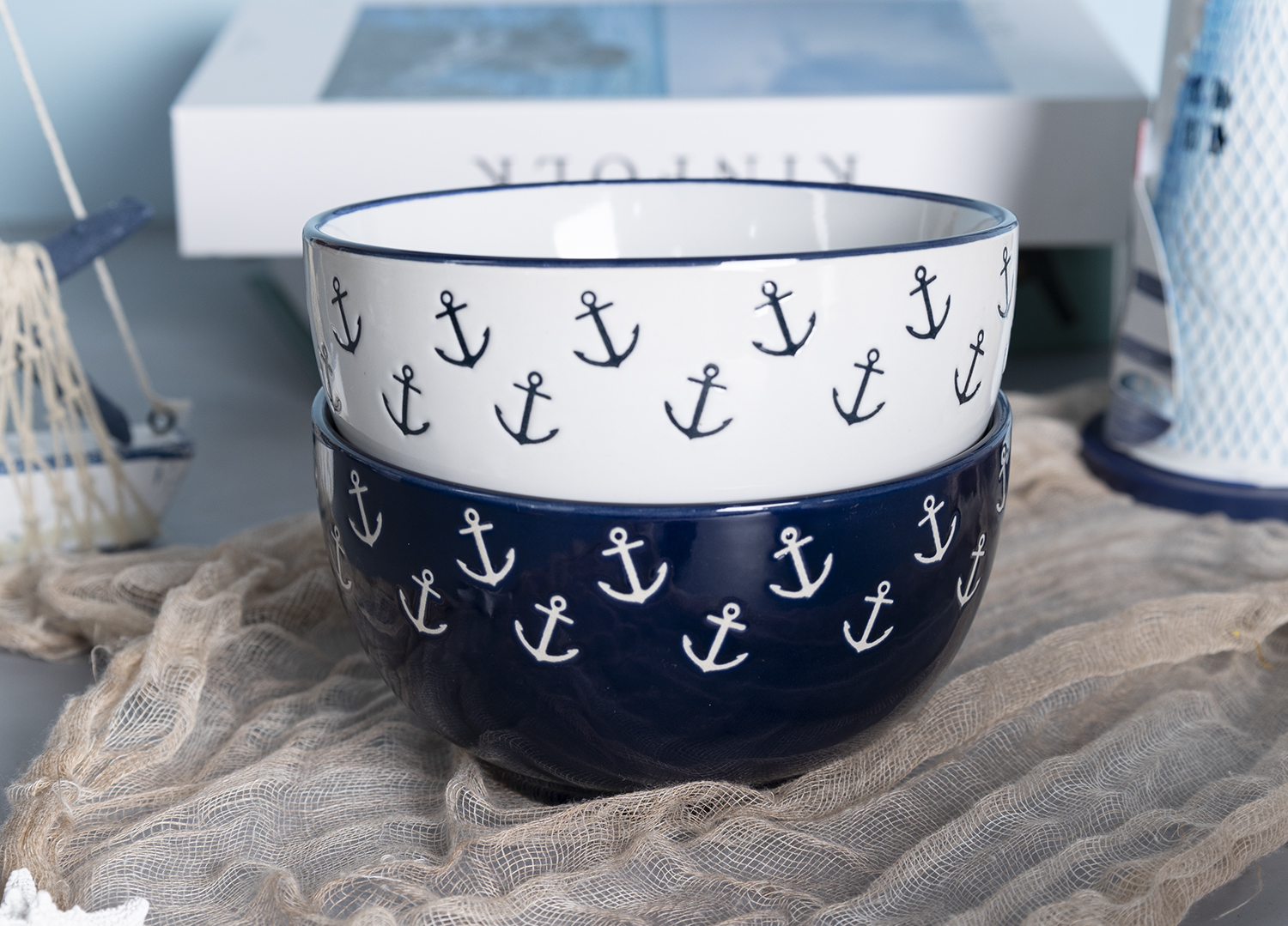 ​CHANGSHA HAPPY GO  Nautical Anchor Pattern Stoneware Mugs and Bowls Set  |Dopamine Series Ceramics  |happygodinnerware.com