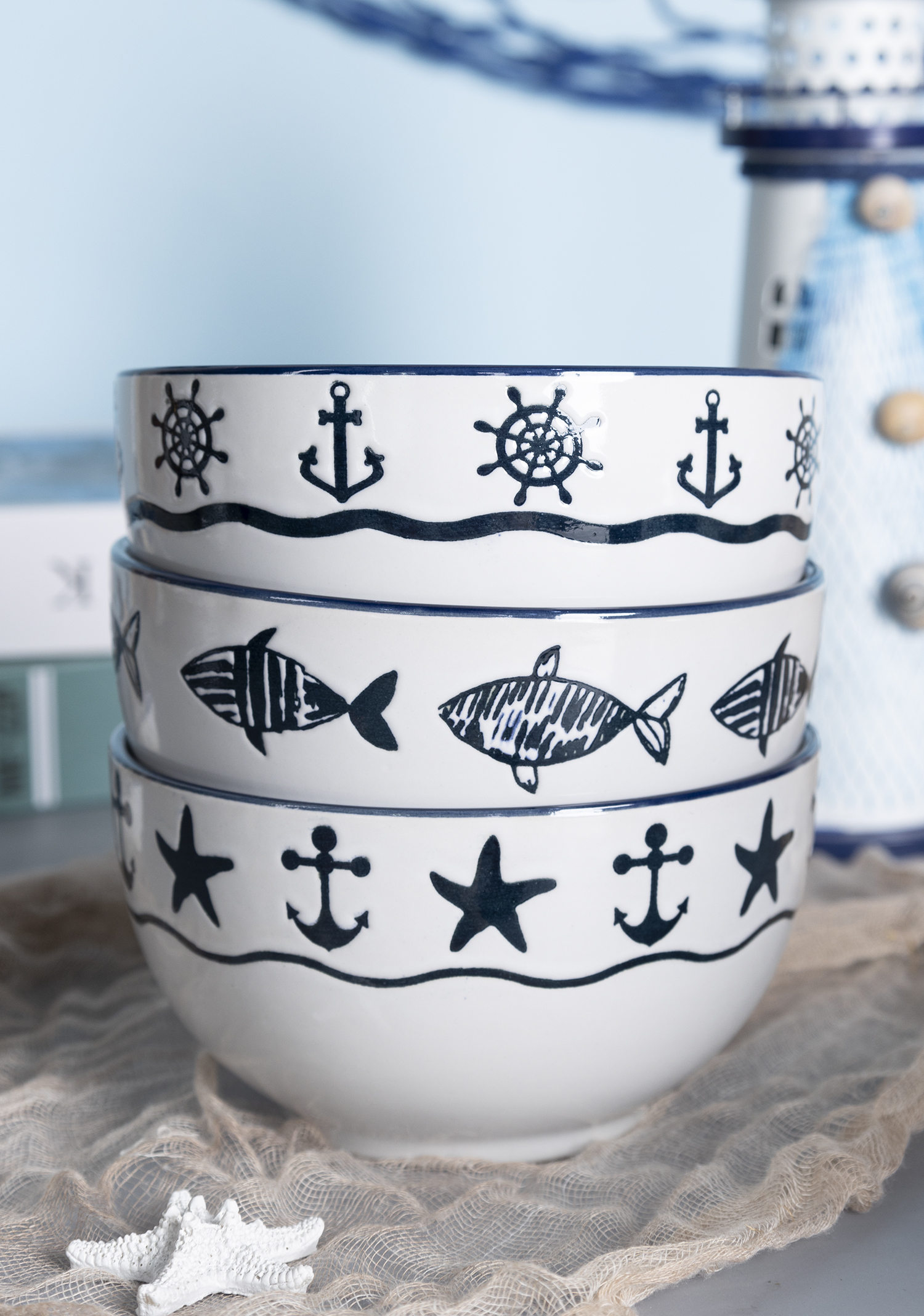 ​CHANGSHA HAPPY GO  Nautical Anchor Pattern Stoneware Mugs and Bowls Set  |Dopamine Series Ceramics  |happygodinnerware.com