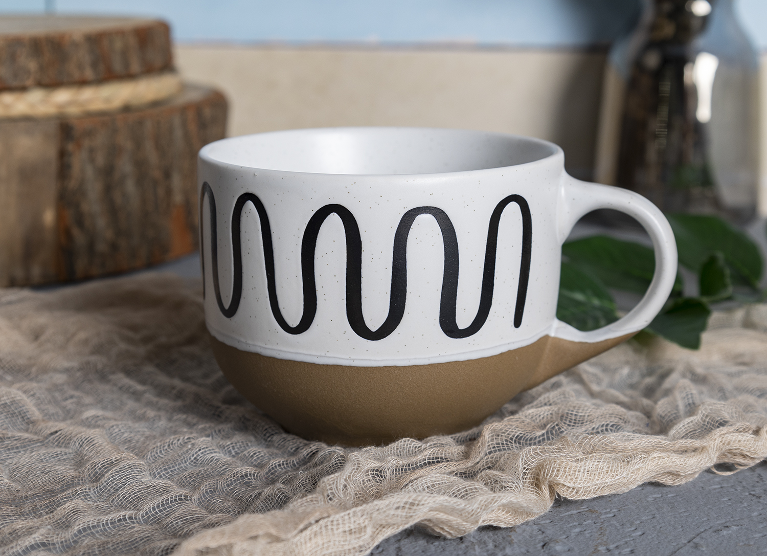 ​CHANGSHA HAPPY GO Modern Contrast Stoneware Mugs with Bold Black Silkscreen Patterns and Raw Clay Base – Model 86E-026 |happygodinnerware.com