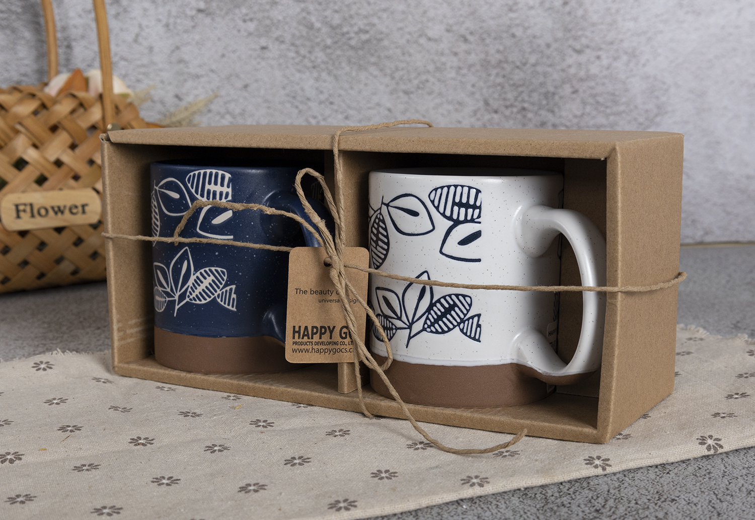 ​CHANGSHA HAPPY GO  Botanical Blue Stoneware Mug Set – Nature-Inspired Silkscreen Leaves with Rustic Clay Base|Dopamine Series Ceramics  |happygodinnerware.com