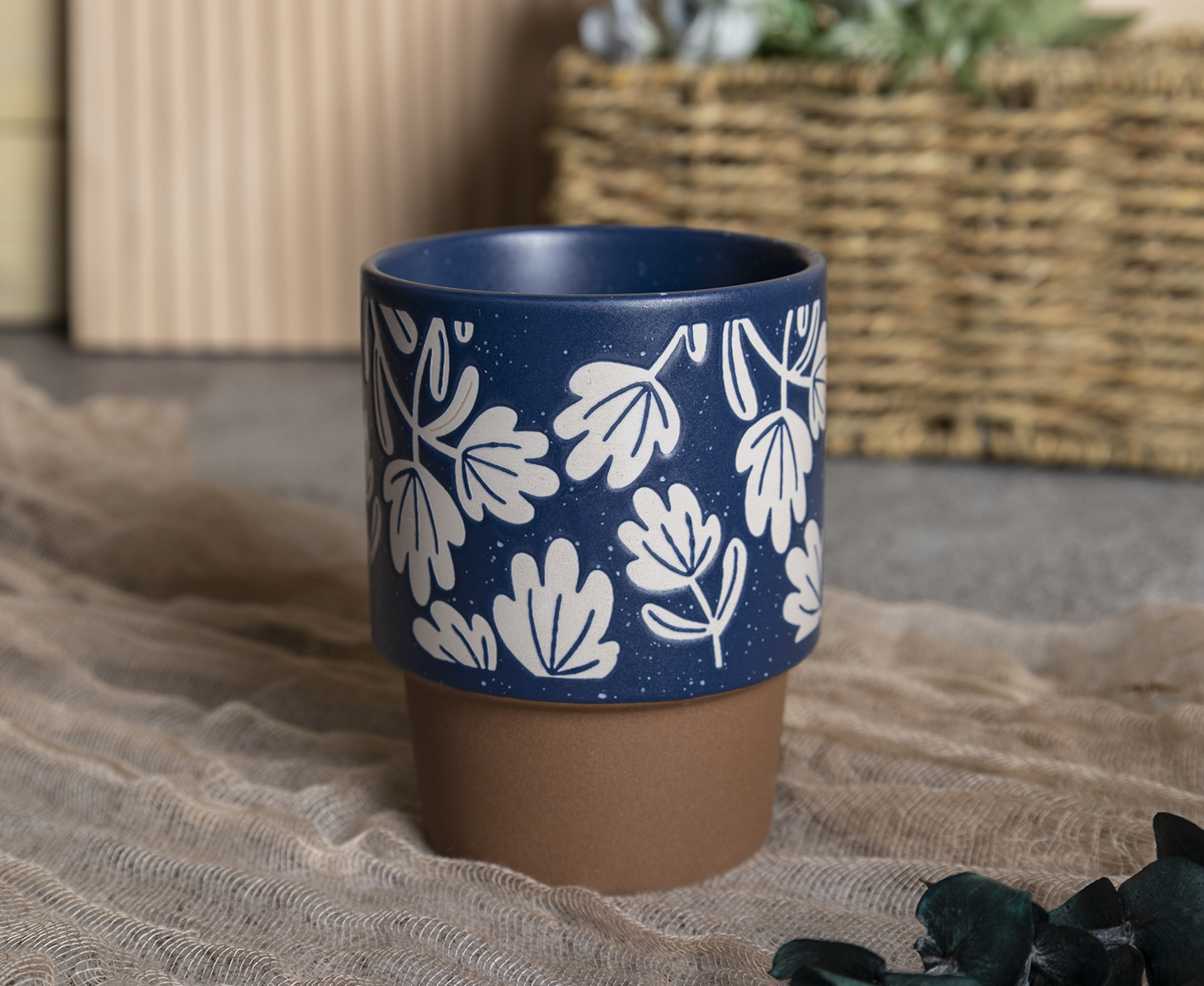 ​CHANGSHA HAPPY GO  Botanical Blue Stoneware Mug Set – Nature-Inspired Silkscreen Leaves with Rustic Clay Base|Dopamine Series Ceramics  |happygodinnerware.com