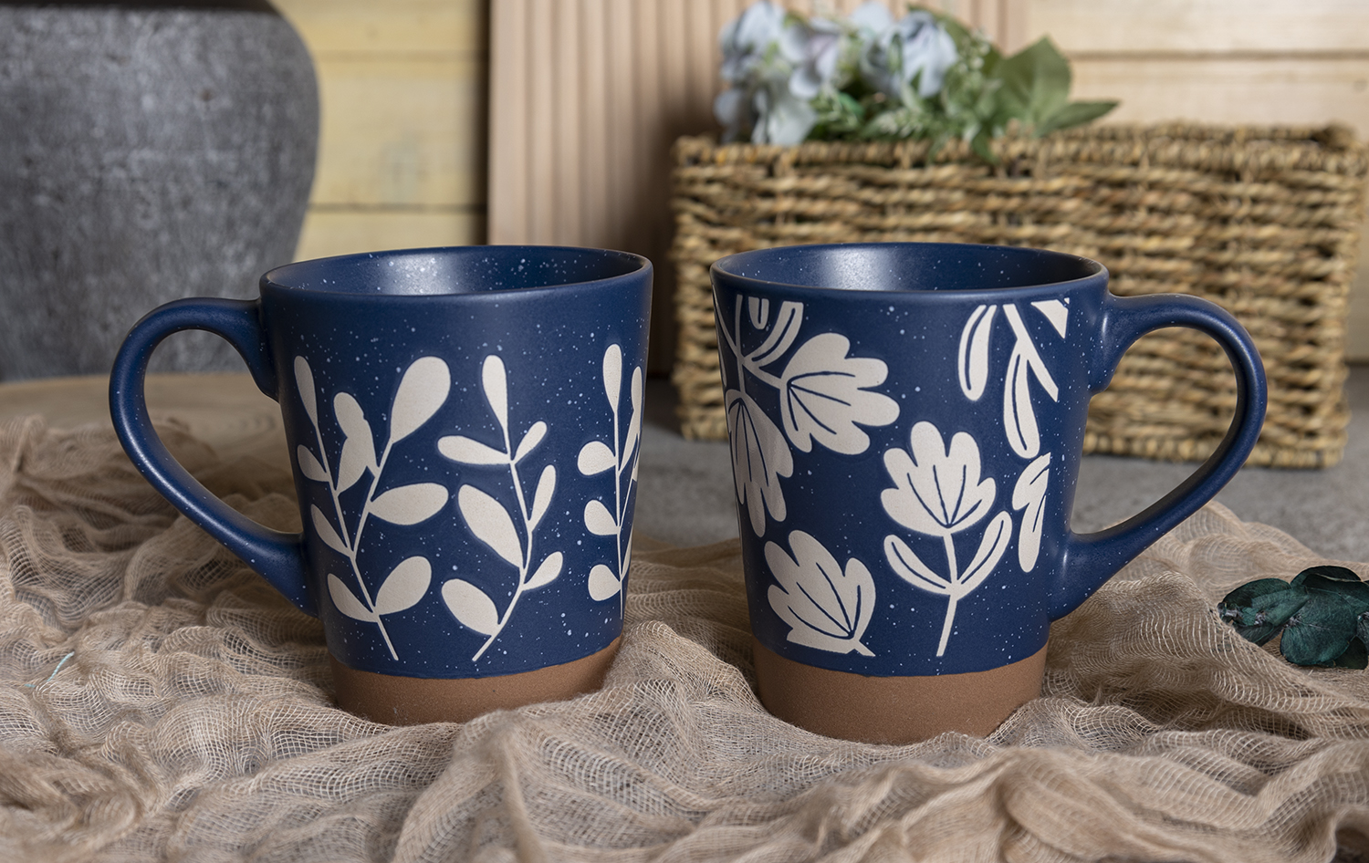 ​CHANGSHA HAPPY GO  Botanical Blue Stoneware Mug Set – Nature-Inspired Silkscreen Leaves with Rustic Clay Base|Dopamine Series Ceramics  |happygodinnerware.com