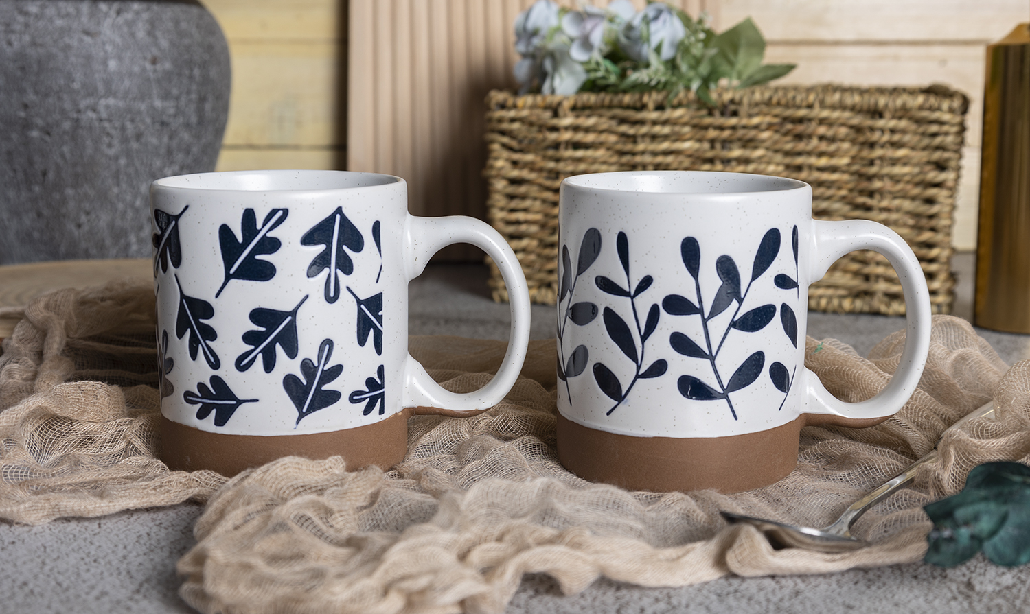 ​CHANGSHA HAPPY GO  Botanical Blue Stoneware Mug Set – Nature-Inspired Silkscreen Leaves with Rustic Clay Base|Dopamine Series Ceramics  |happygodinnerware.com