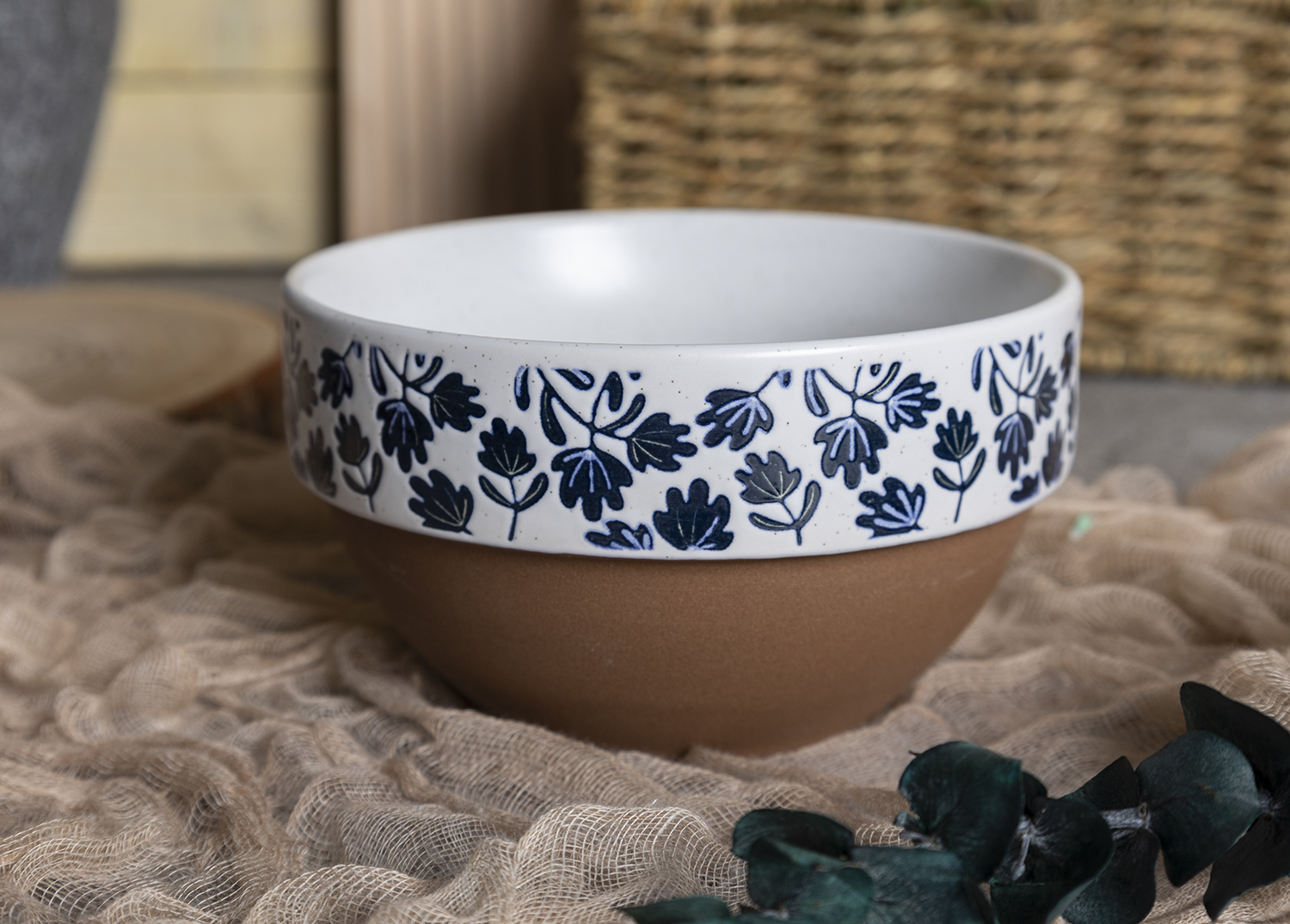 ​CHANGSHA HAPPY GO  Botanical Blue Stoneware Mug Set – Nature-Inspired Silkscreen Leaves with Rustic Clay Base|Dopamine Series Ceramics  |happygodinnerware.com