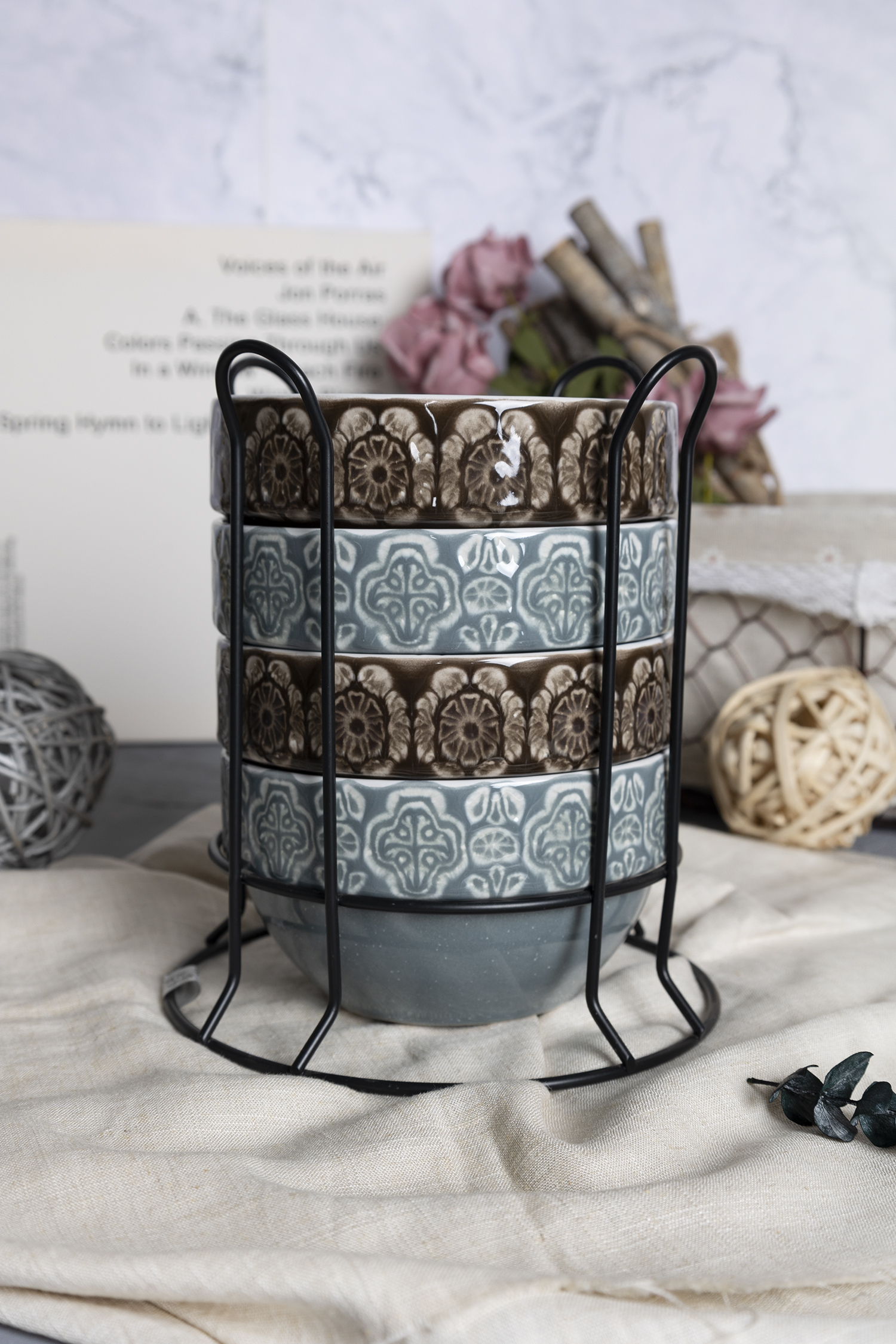 CHANGSHA HAPPY GO  Vintage-Inspired Embossed Stoneware Mug Set with Blue and Mocha Reactive Glaze – Artisan Textures and Classic Floral Relief Design for Elegant Everyday Use|happygodinnerware.com