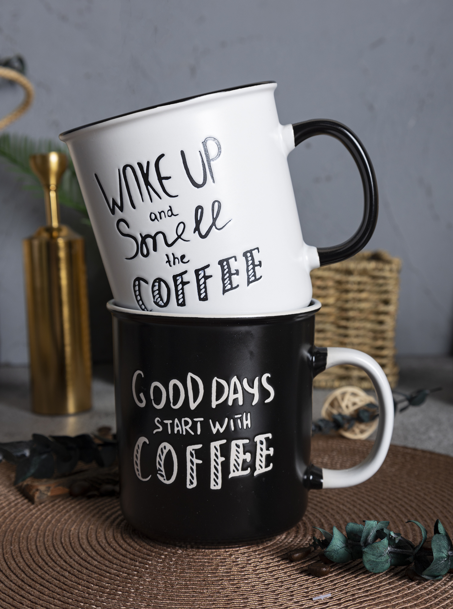 ​CHANGSHA HAPPY GO  Coffee Quote Stoneware Mug Set – Black and White Mugs with Silkscreen Slogans for Cafés |happygodinnerware.com