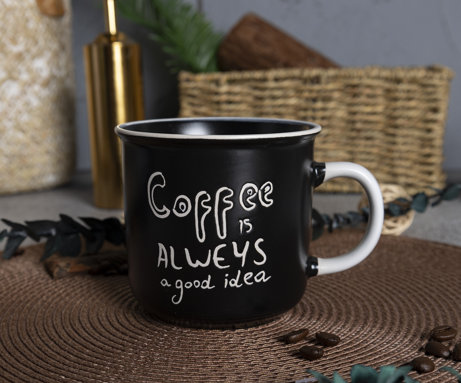 ​CHANGSHA HAPPY GO  Coffee Quote Stoneware Mug Set – Black and White Mugs with Silkscreen Slogans for Cafés |happygodinnerware.com