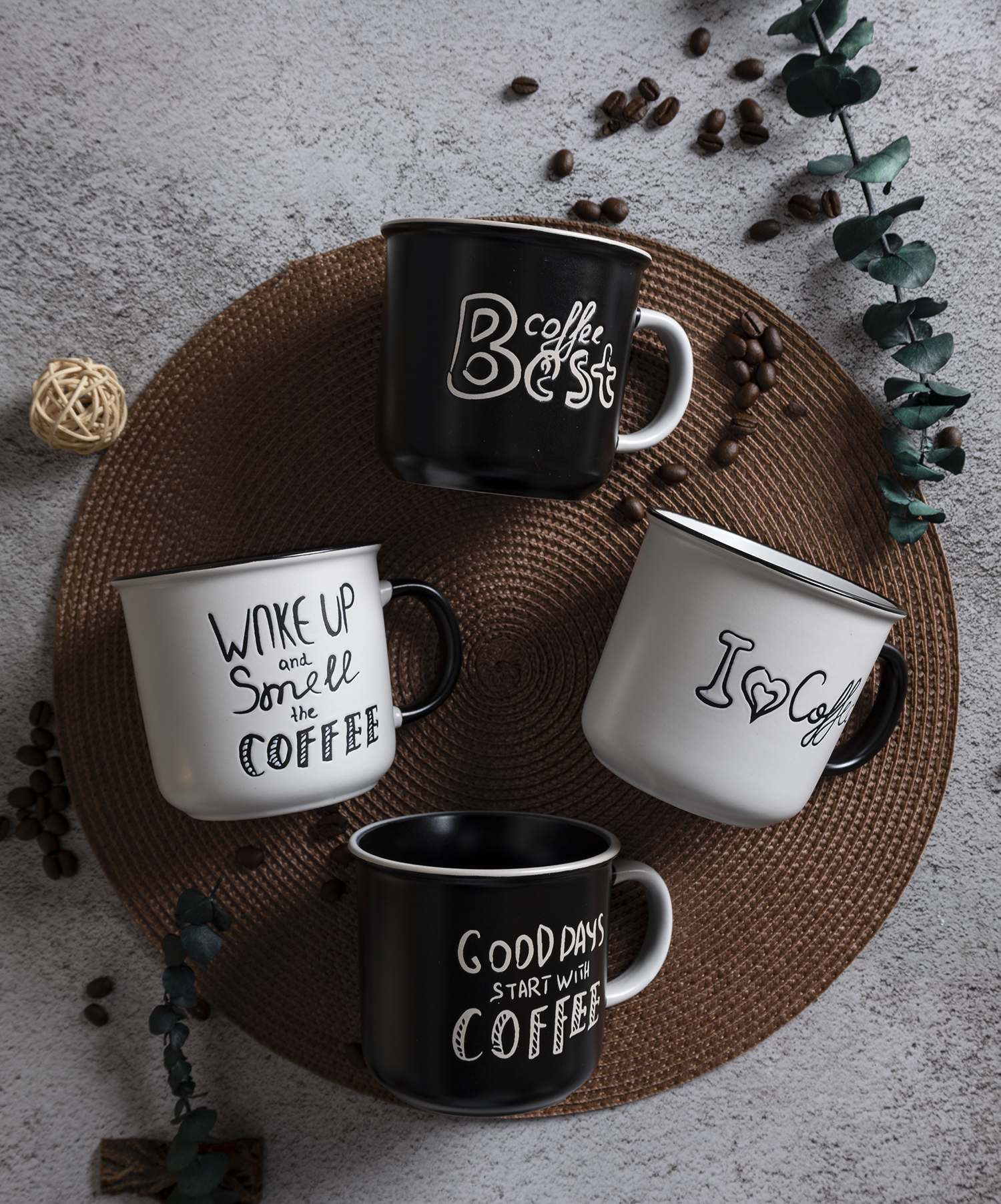 ​CHANGSHA HAPPY GO  Coffee Quote Stoneware Mug Set – Black and White Mugs with Silkscreen Slogans for Cafés |happygodinnerware.com