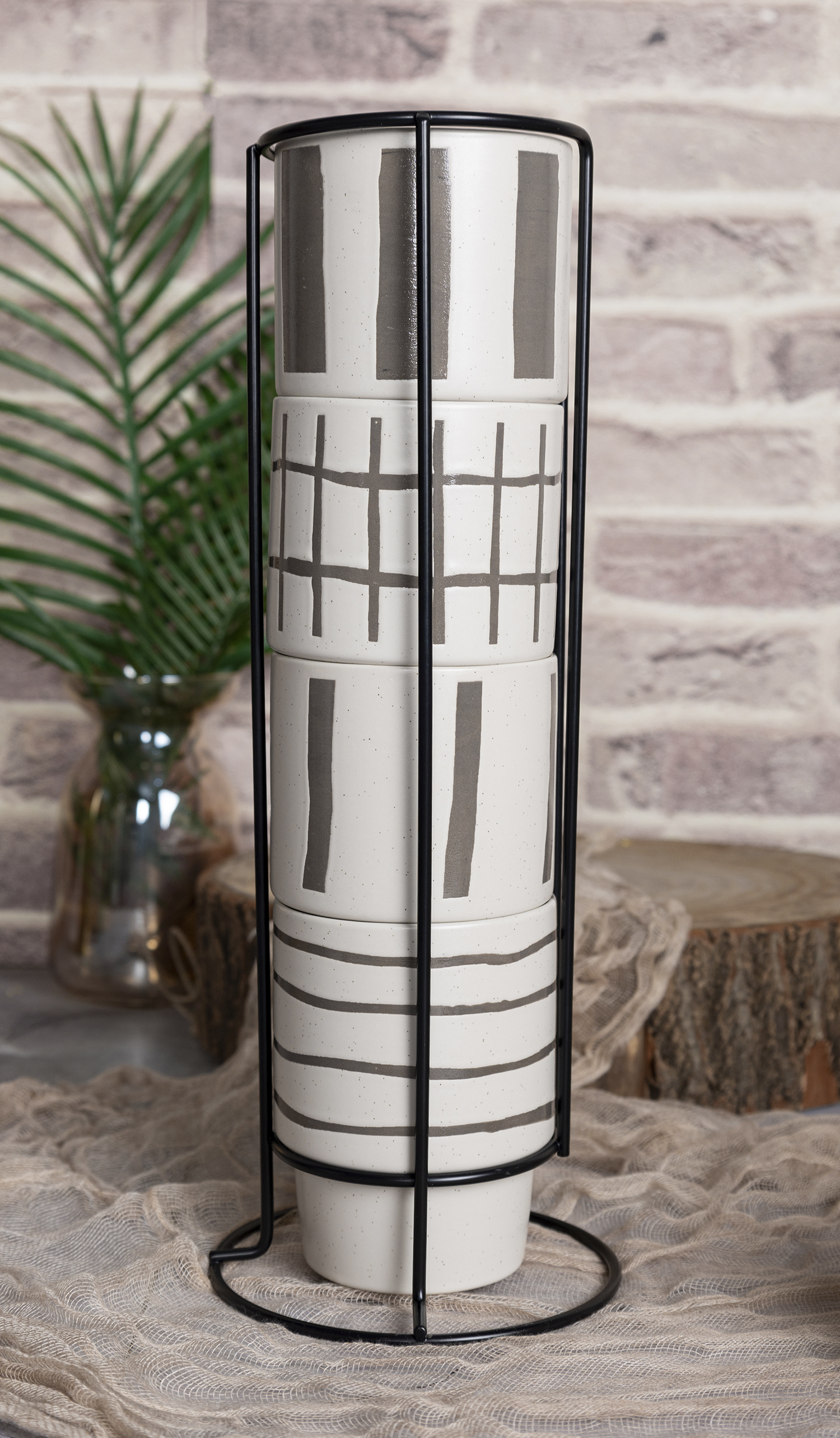 ​CHANGSHA HAPPY GO  Monochrome Linear Print Stoneware Mug Set with Soft White Matte Glaze |happygodinnerware.com
