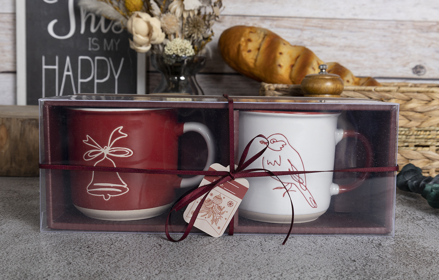 CHANGSHA HAPPY GO  Holiday Red Stoneware Mug and Bowl Set – Christmas Silkscreen Designs for Festive Use |Dopamine Series Ceramics  |happygodinnerware.com