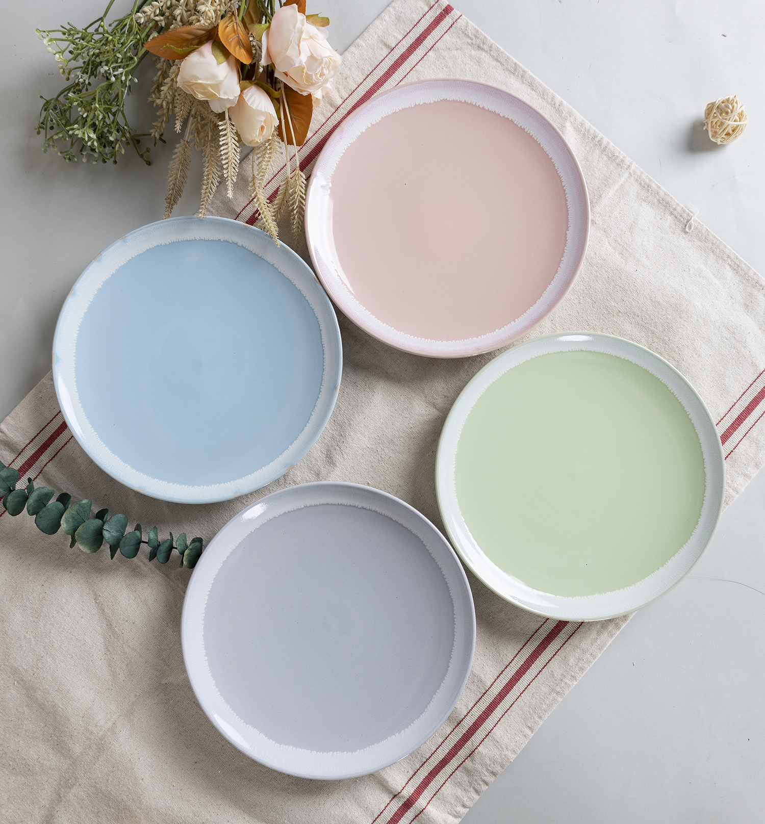 CHANGSHA HAPPY GO  Pastel Macaron Tone Stoneware Dinnerware Set with White Dripping Reactive Glaze – Elegant Soft Color Palette for Contemporary Table Settings|happygodinnerware.com